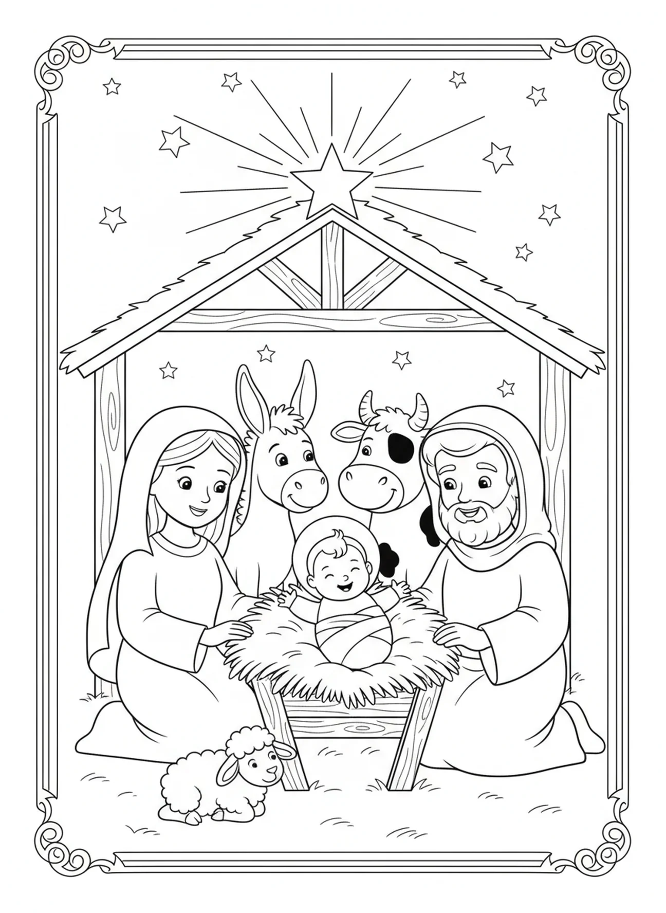 El Niño Jesús en un pesebre, página para colorear de incienso para niños de 5 a 10 años.