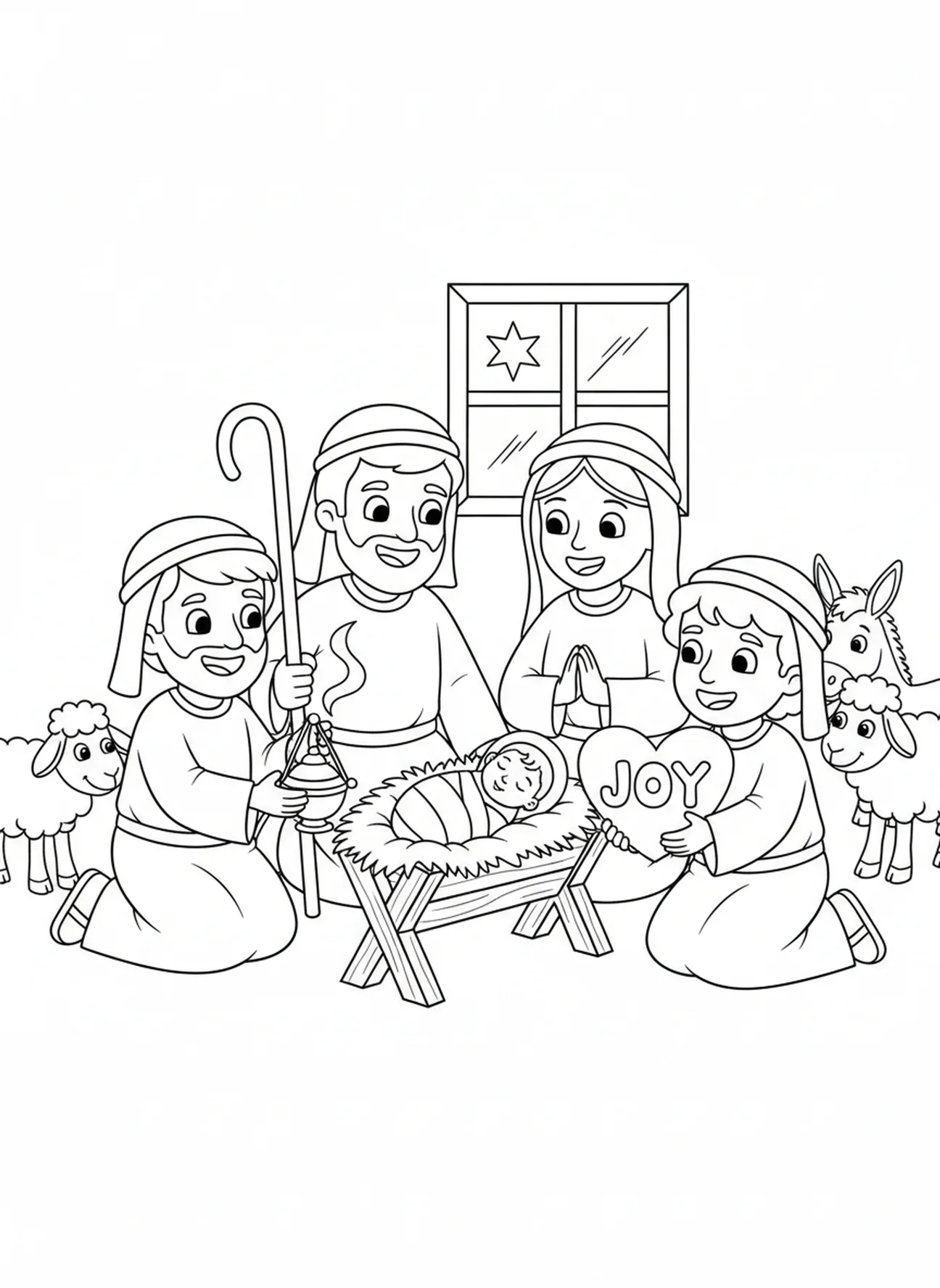 Pastores con regalos, página para colorear de incienso para niños de 5 a 10 años.