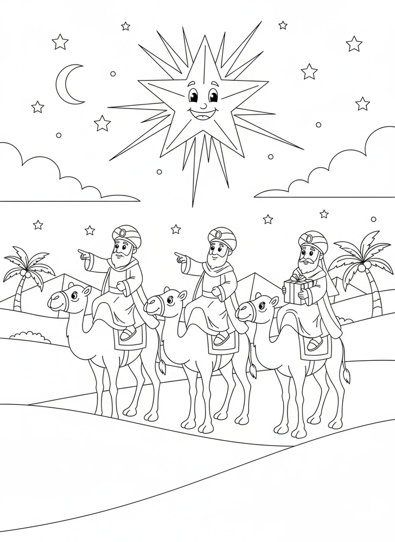 Página para colorear de la estrella brillante que guía, e incienso para niños de 5 a 10 años.