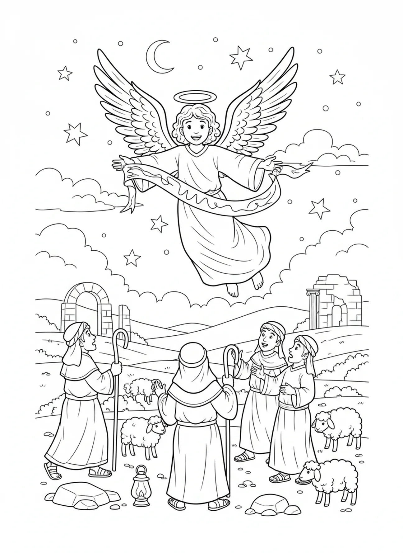 Ange annonçant la naissance, page à colorier de l'encens pour l'École du dimanche enfants de 5 à 12 ans