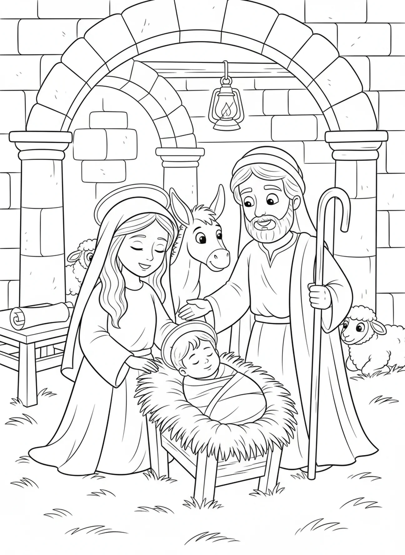 Bébé Jésus dans la crèche, page à colorier de l'encens pour les enfants de l'École du dimanche âgés de 5 à 12 ans