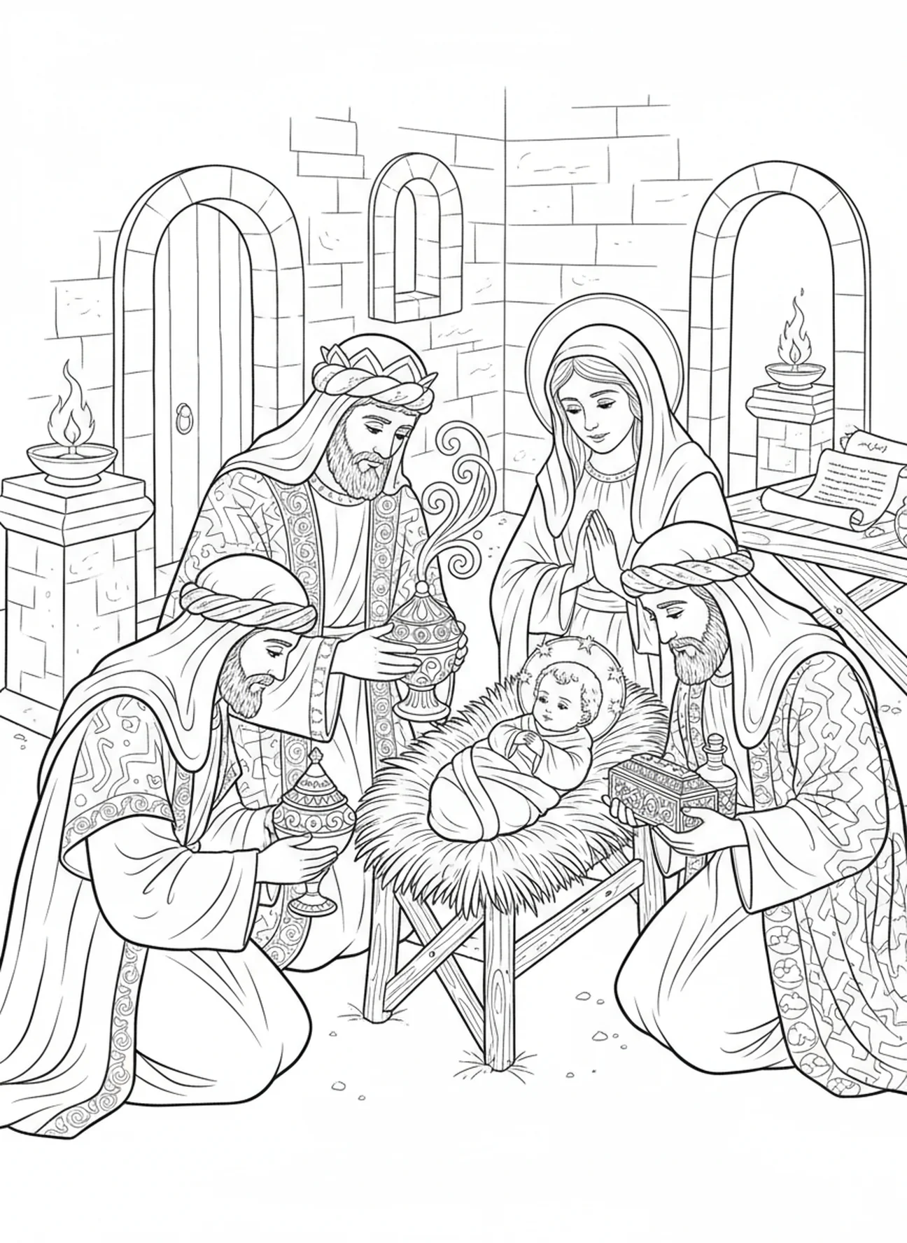 Cadeaux d'encens, page à colorier d'encens pour les enfants de l'École du dimanche âgés de 5 à 12 ans