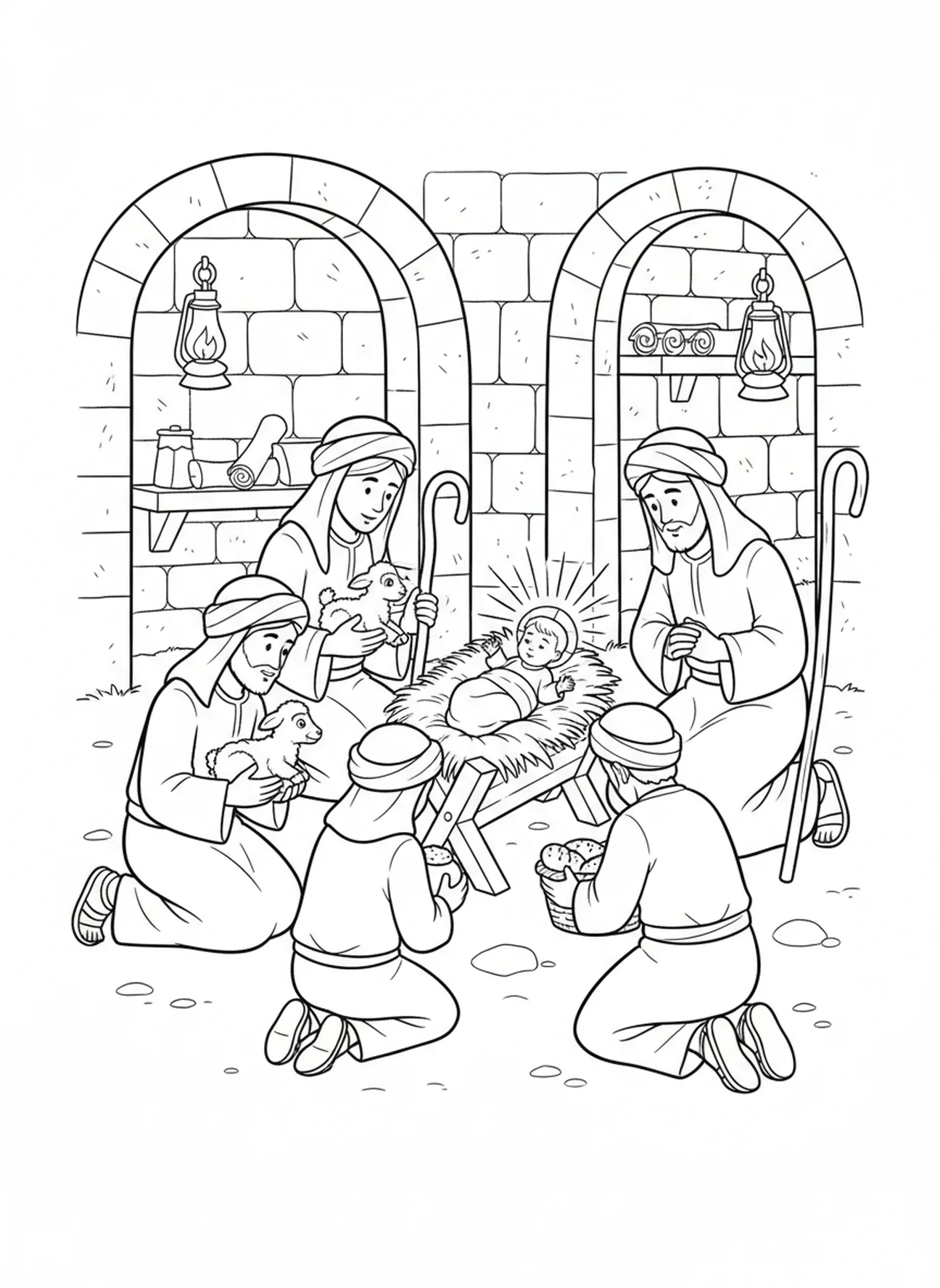 Bergers rendant visite, page à colorier de l'encens pour les enfants de l'École du dimanche âgés de 5 à 12 ans