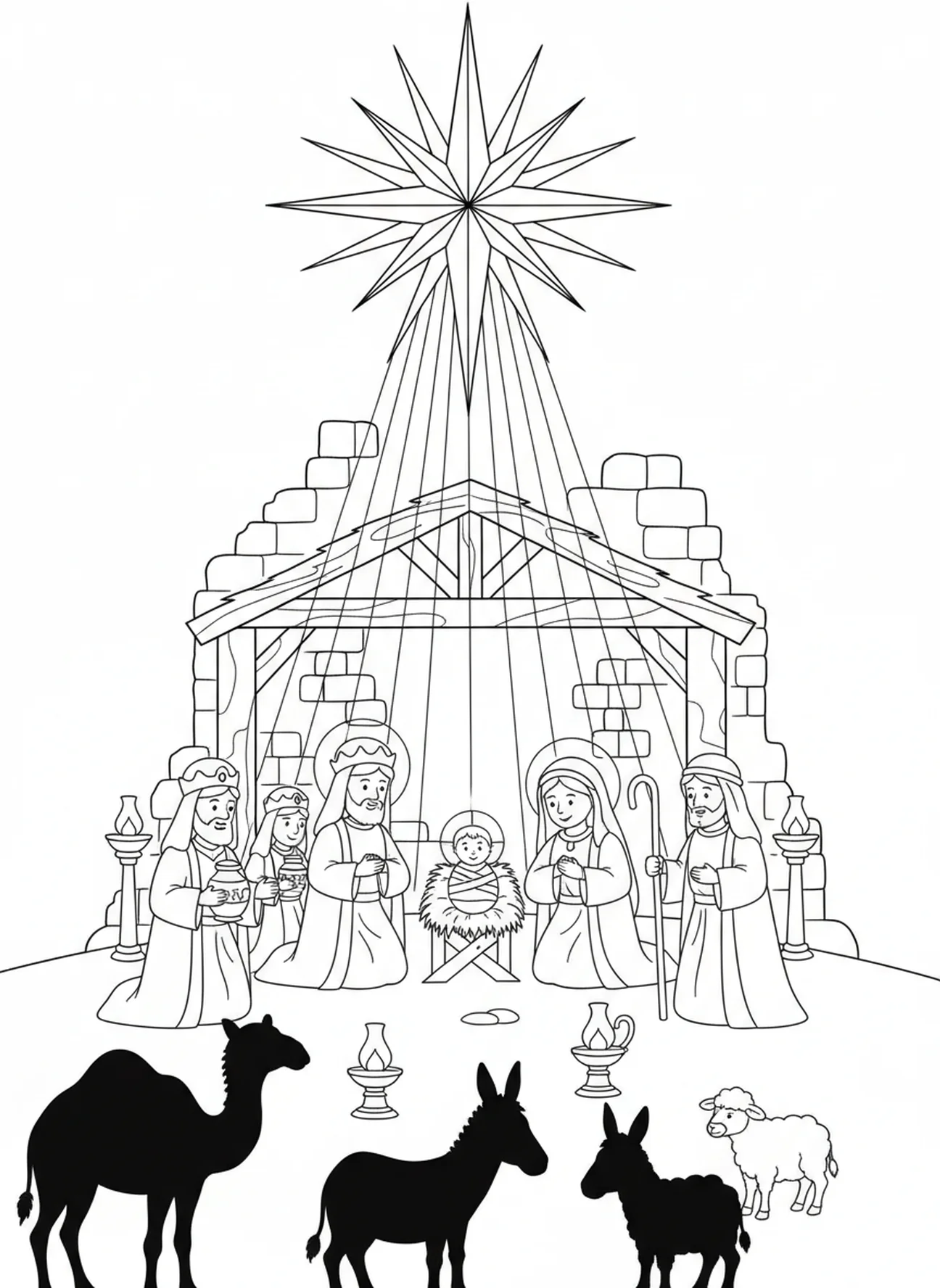 Étoile brillante au-dessus de la crèche, page à colorier de l'encens pour les enfants de catéchisme âgés de 5 à 12 ans