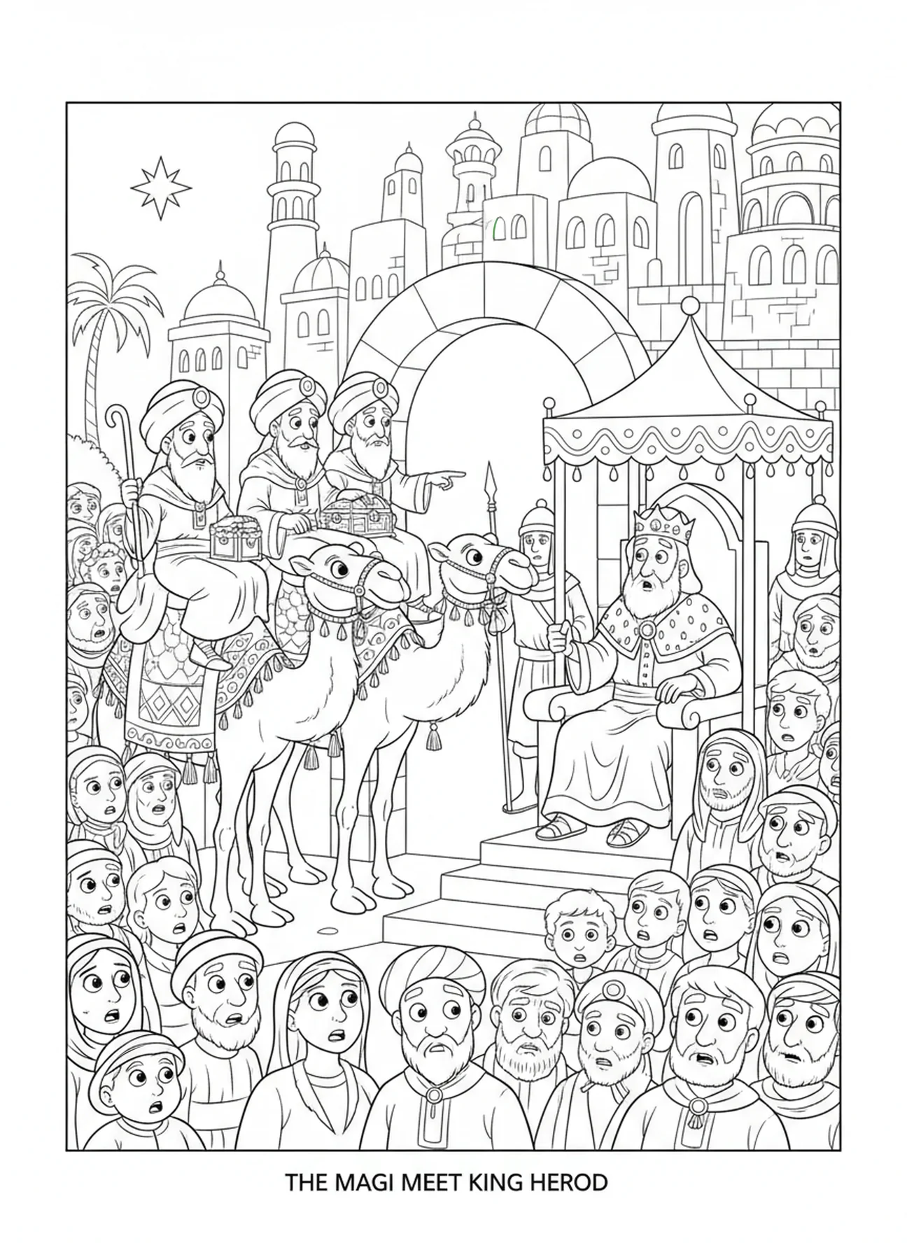Trois Mages parlant au roi Hérode, page à colorier des Mages avec un cadeau en or pour les enfants de 5 à 10 ans