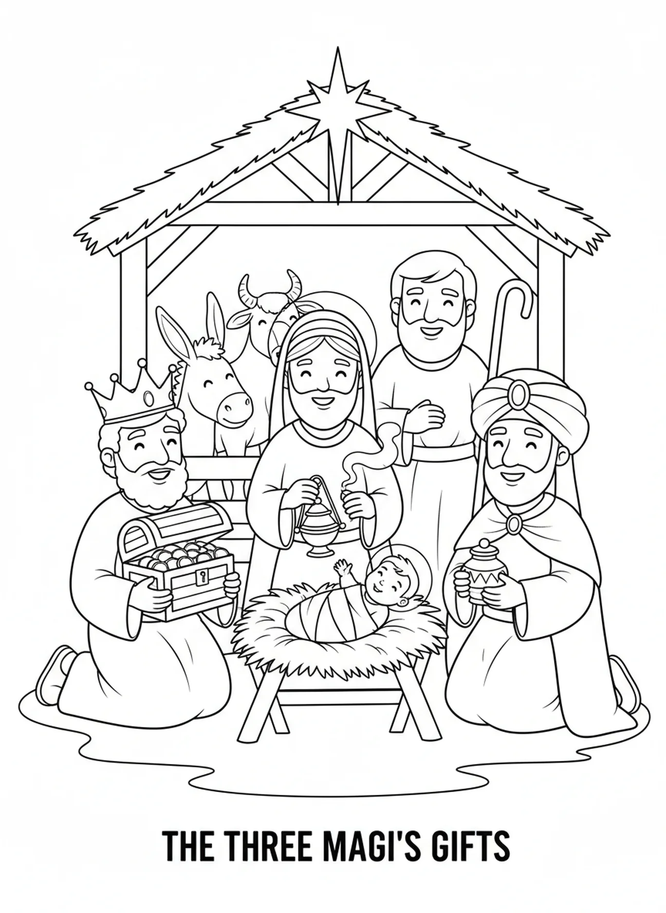 Trois Mages à genoux devant le bébé Jésus, page à colorier des Mages offrant des cadeaux pour les enfants de 5 à 10 ans