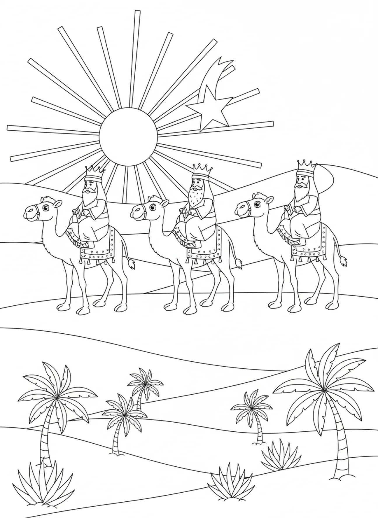Trois Mages montant des chameaux, page à colorier des Mages avec un cadeau en or pour les enfants de 5 à 10 ans