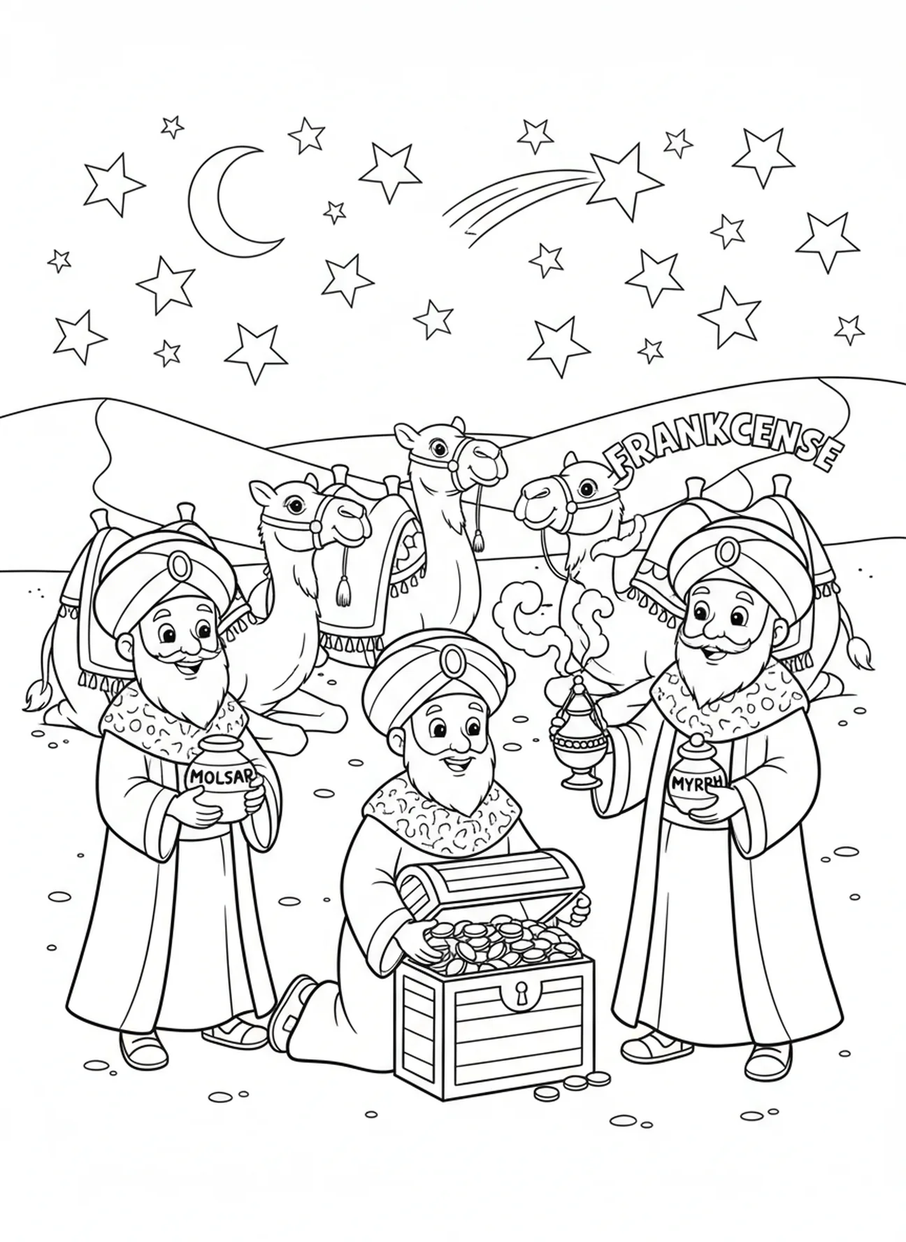 Trois Mages préparant des cadeaux, page à colorier des Mages avec des cadeaux en or pour les enfants de 5 à 10 ans