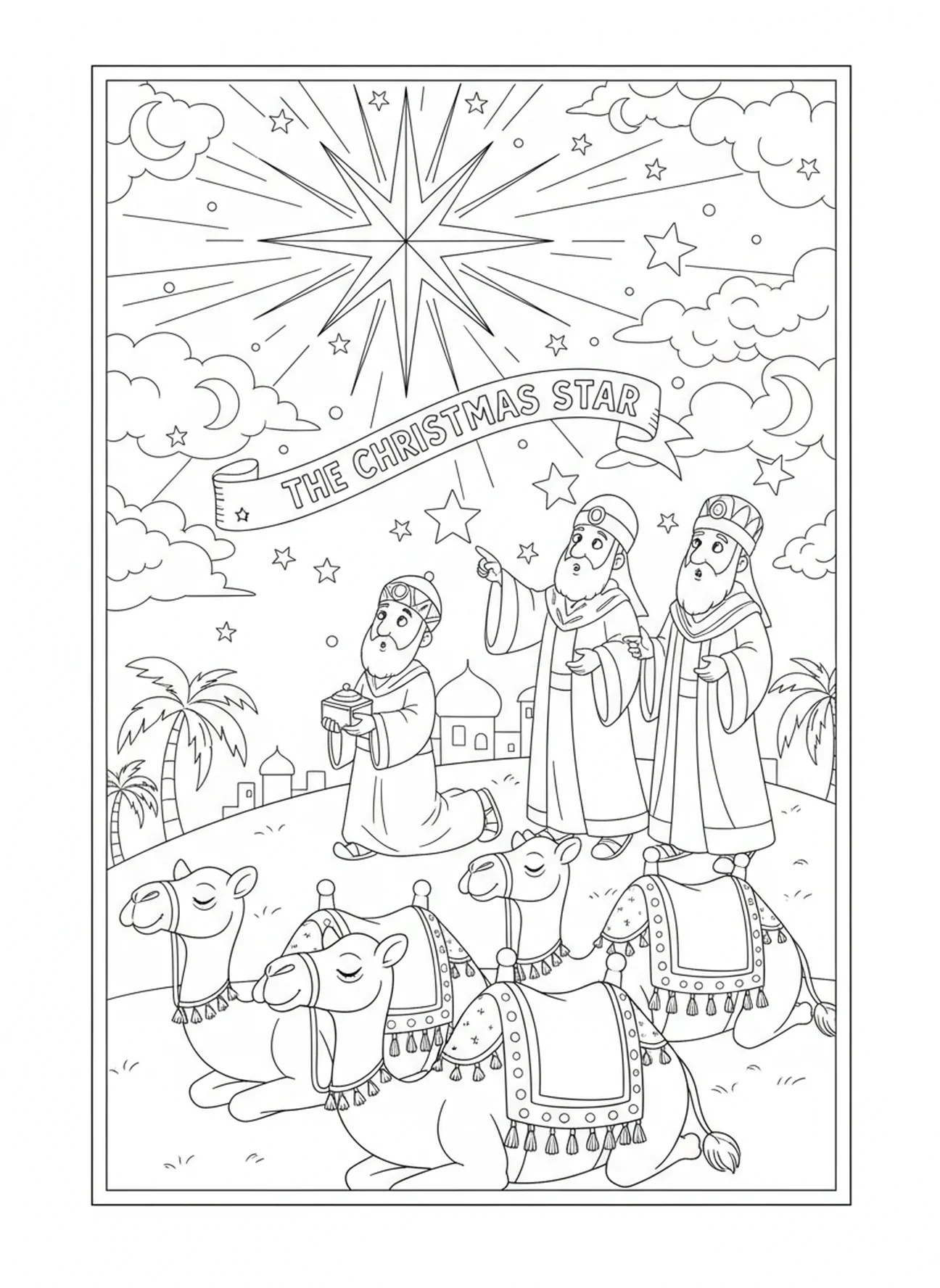 Trois Mages regardant l'étoile, page à colorier des Mages avec un cadeau en or pour les enfants de 5 à 10 ans