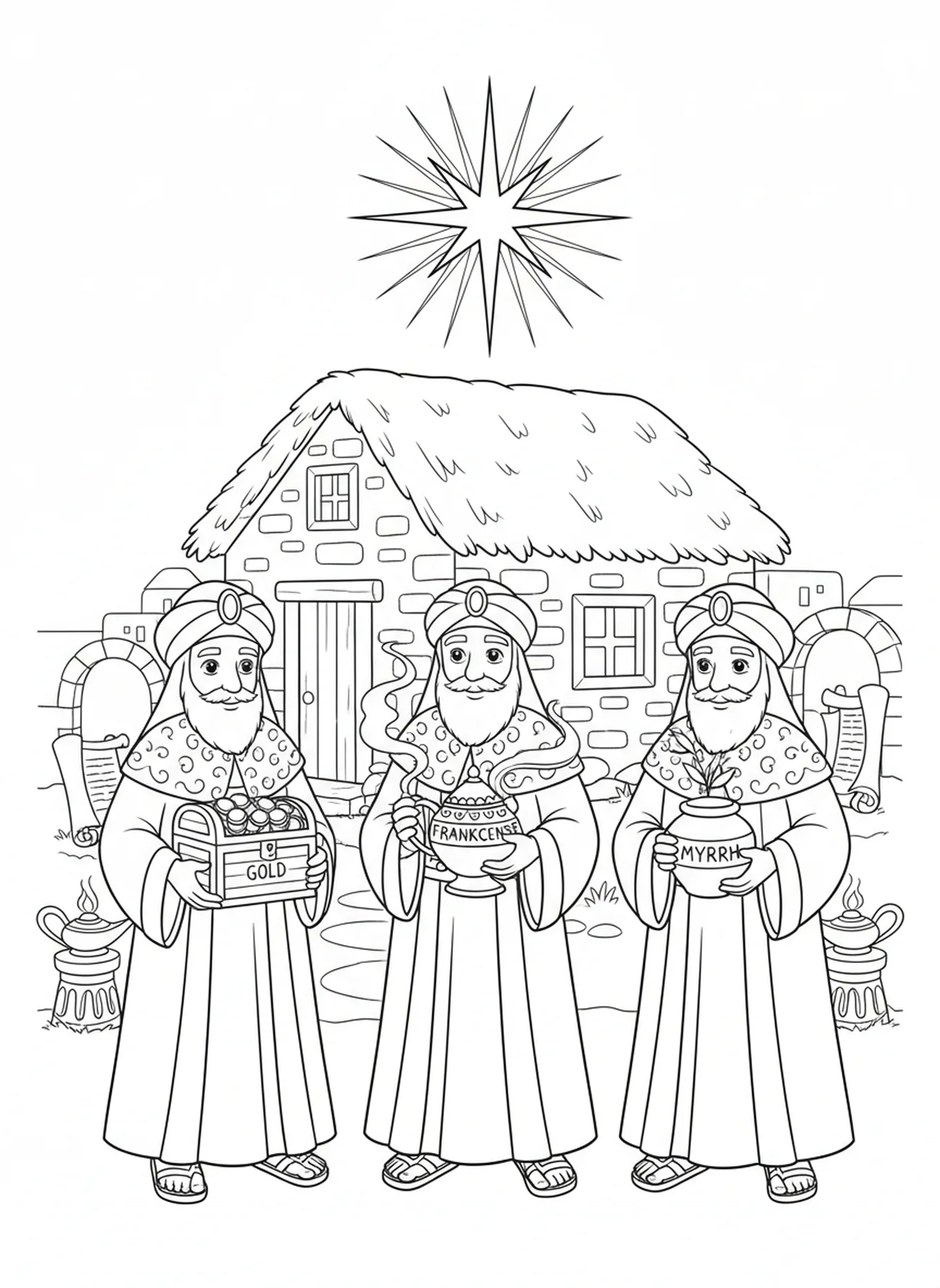 Trois Mages devant une maison, page à colorier des Mages offrant des cadeaux en or pour les enfants de l'École du dimanche âgés de 5 à 12 ans.
