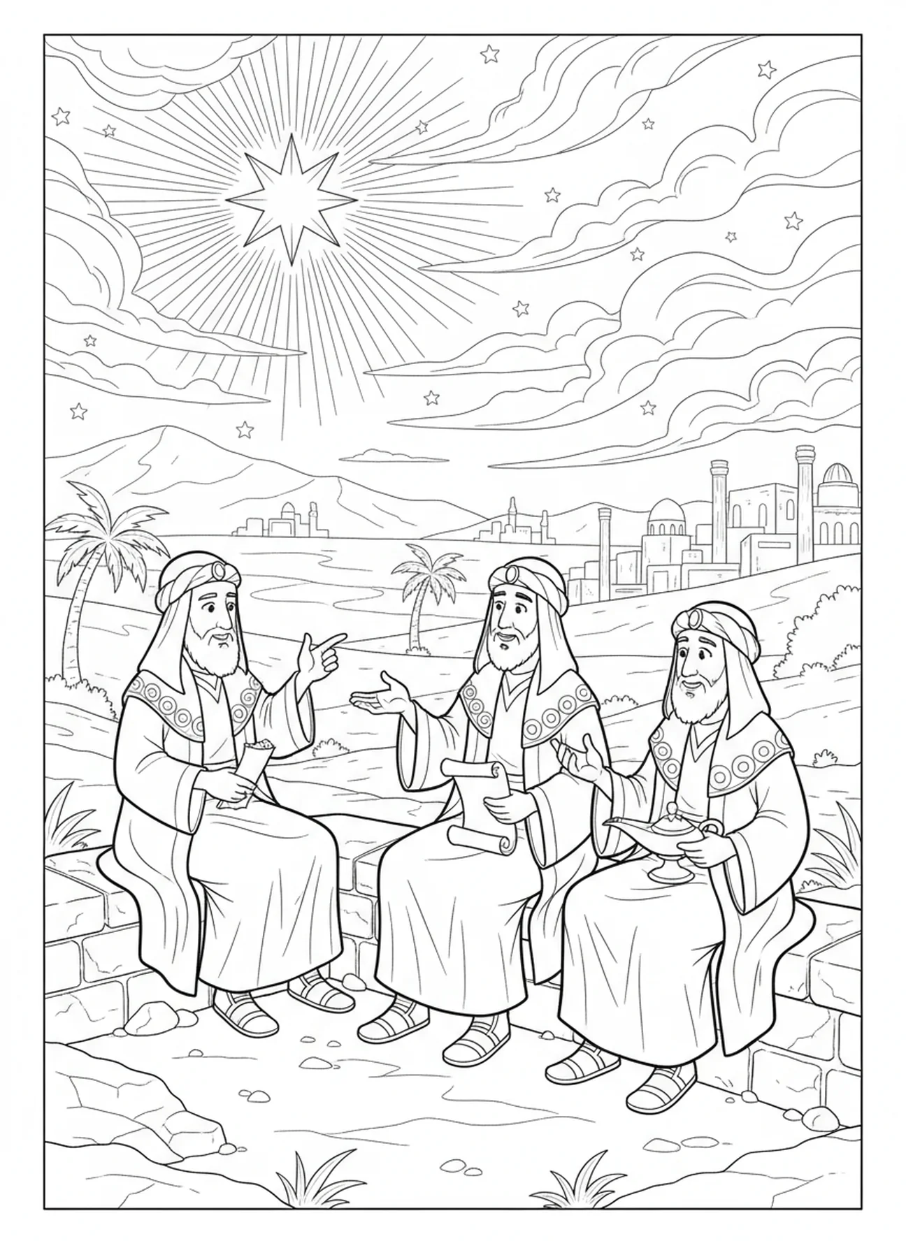 Mages discutant de leur voyage, page à colorier des Mages offrant des cadeaux en or pour les enfants de l'École du dimanche âgés de 5 à 12 ans.