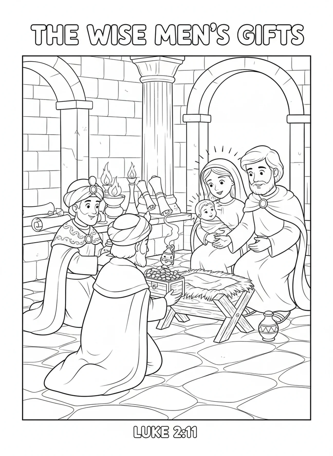 Trois Mages présentant des cadeaux, page à colorier des Mages en or pour les enfants de l'École du dimanche âgés de 5 à 12 ans.