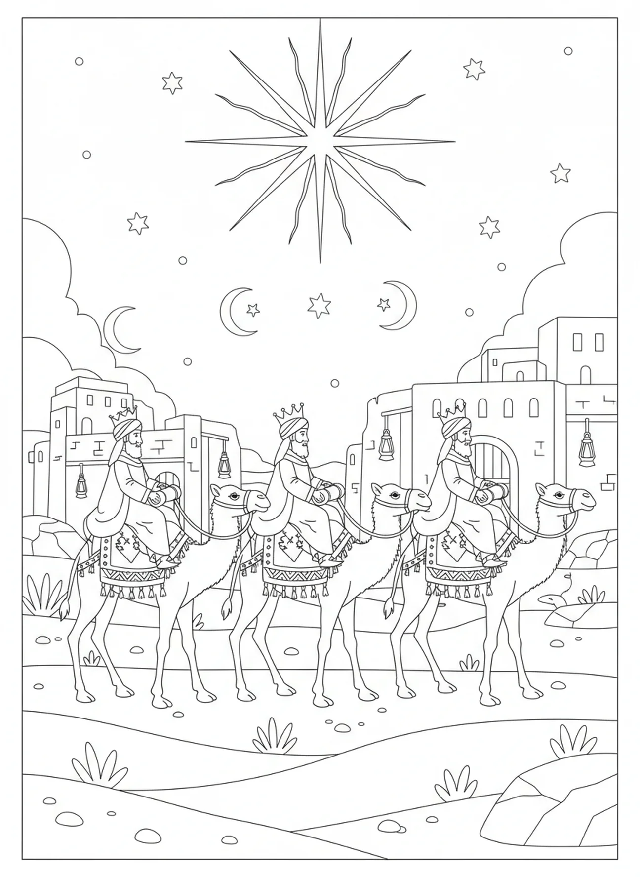Mages rentrant chez eux sur des chameaux, page à colorier des Mages avec un cadeau en or pour les enfants de l'École du dimanche âgés de 5 à 12 ans.