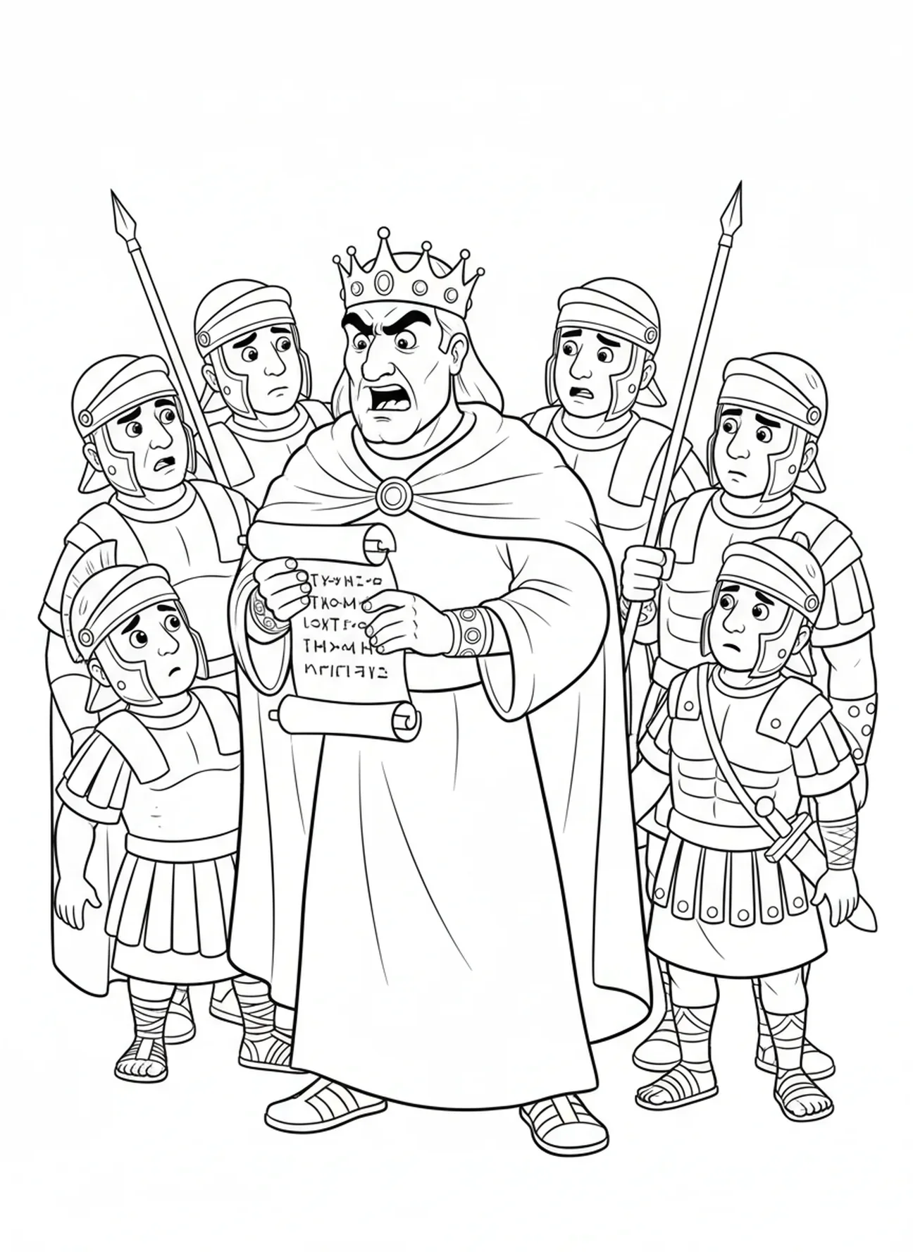 Wütender Herodes mit Soldaten, Malvorlage für Kinder im Alter von 5-10 Jahren