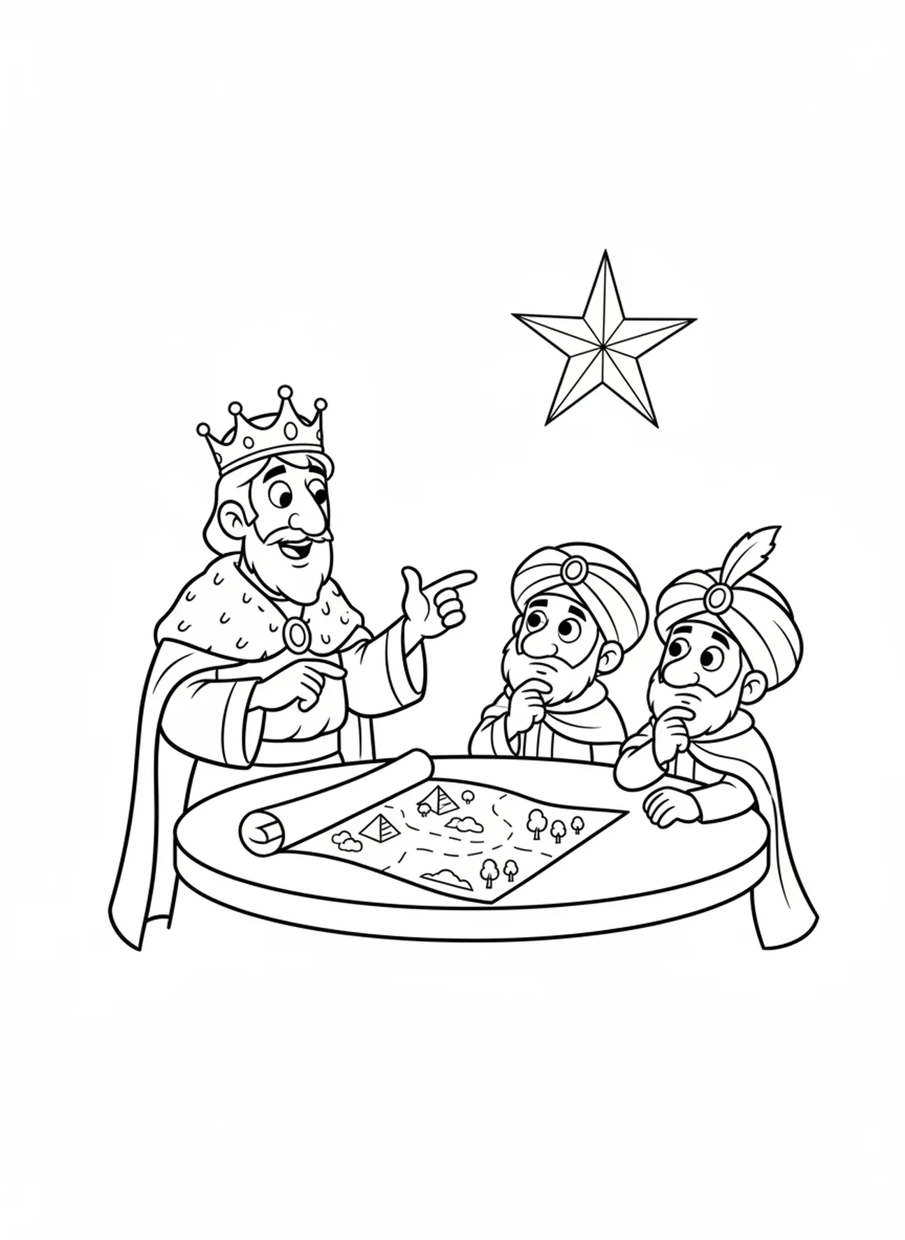 Die Weisen im Gespräch mit Herodes, Ausmalbild für Kinder im Alter von 5-10 Jahren