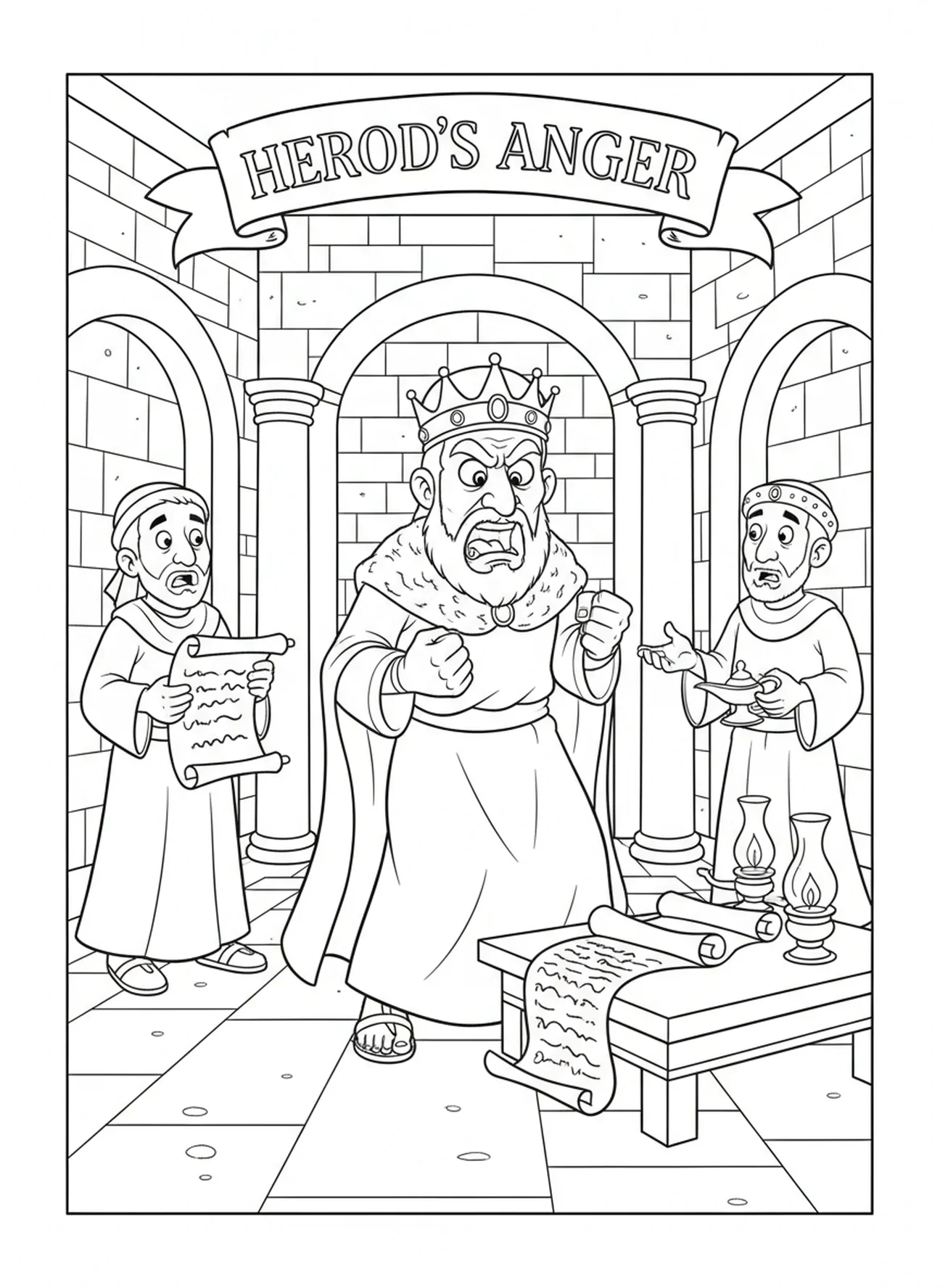 Rei Herodes bravo com os conselheiros, página para colorir do Rei Herodes para crianças da Escola Dominical de 5 a 12 anos.