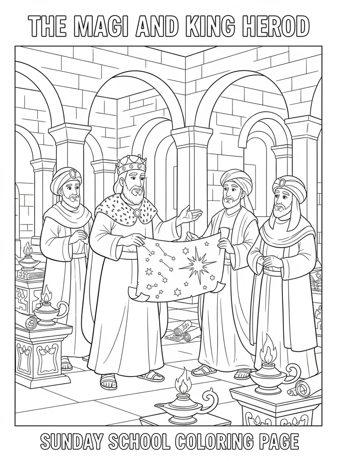 Herodes instruindo os Magos, página de colorir do Rei Herodes para crianças da Escola Dominical de 5 a 12 anos.