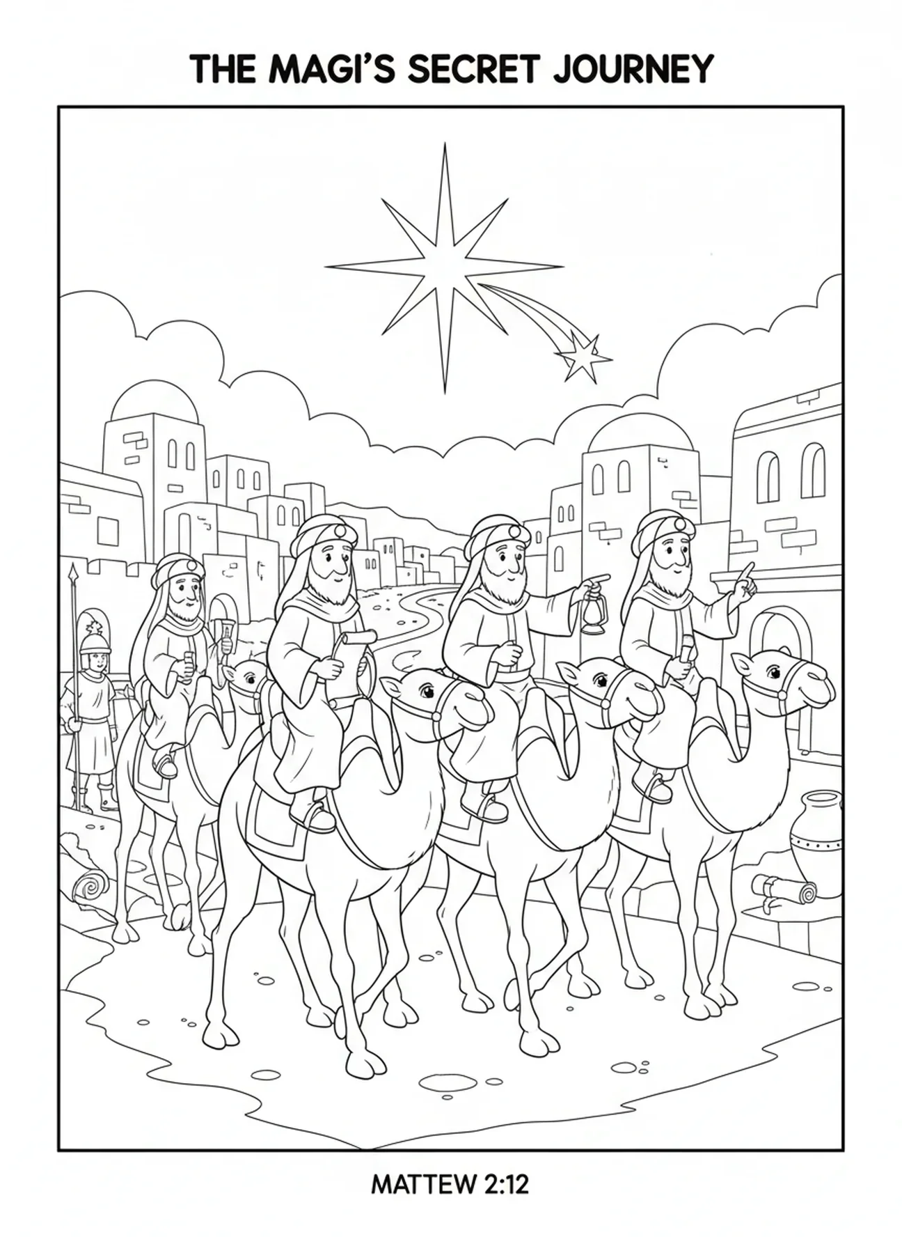 Magi fugindo dos guardas de Herodes, página para colorir do Rei Herodes para crianças da Escola Dominical de 5 a 12 anos.