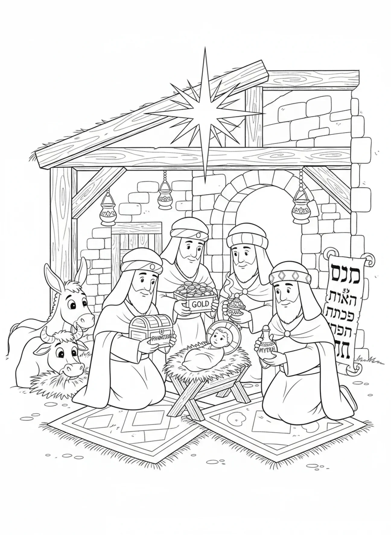 Magi apresentando presentes ao bebê Jesus, página para colorir de Herodes Rei para crianças da Escola Dominical de 5 a 12 anos.