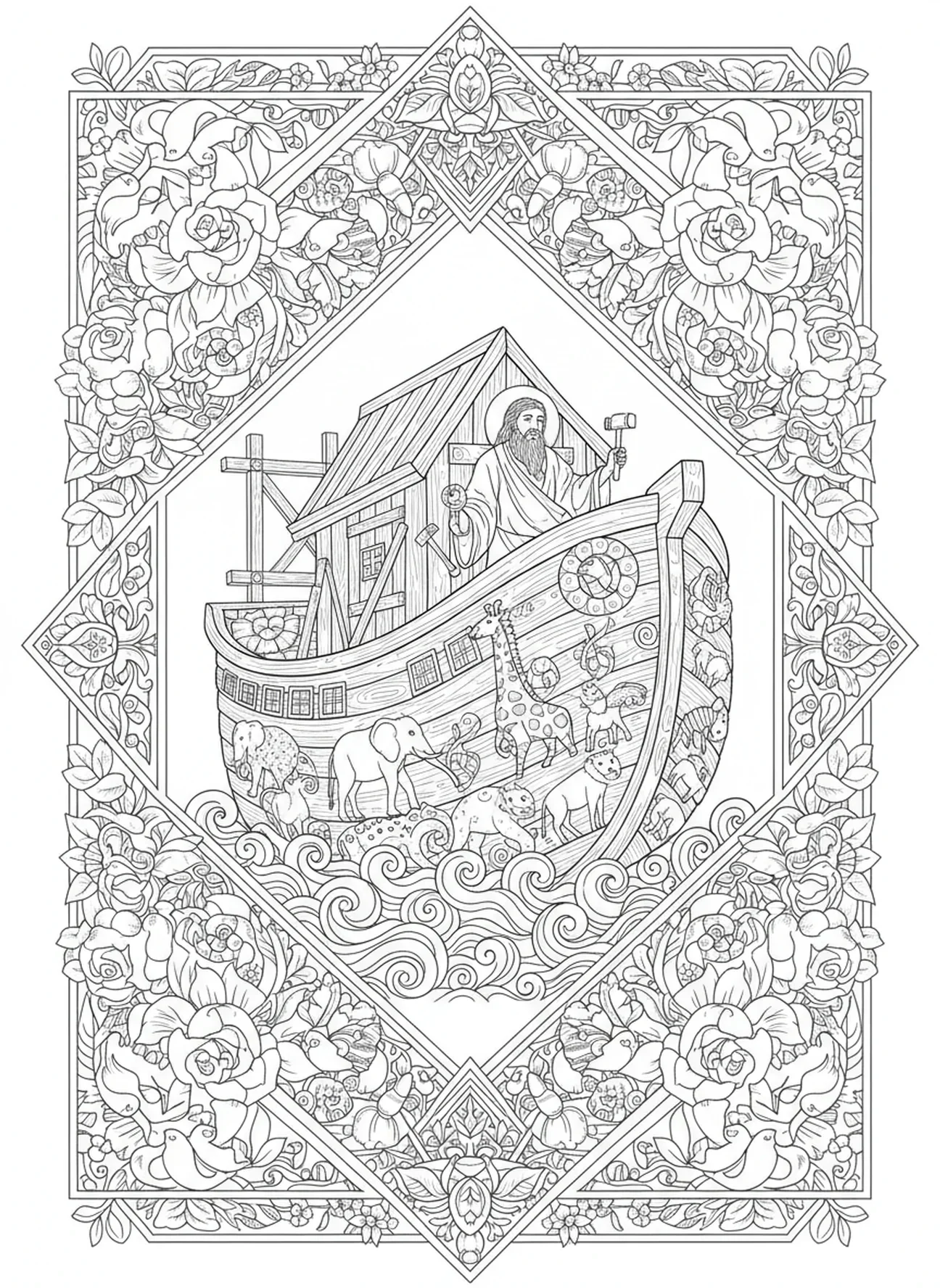 Noah beim Bau der Arche, Jesse Tree Ausmalbild für Erwachsene im Stil des Bibel-Journalings.