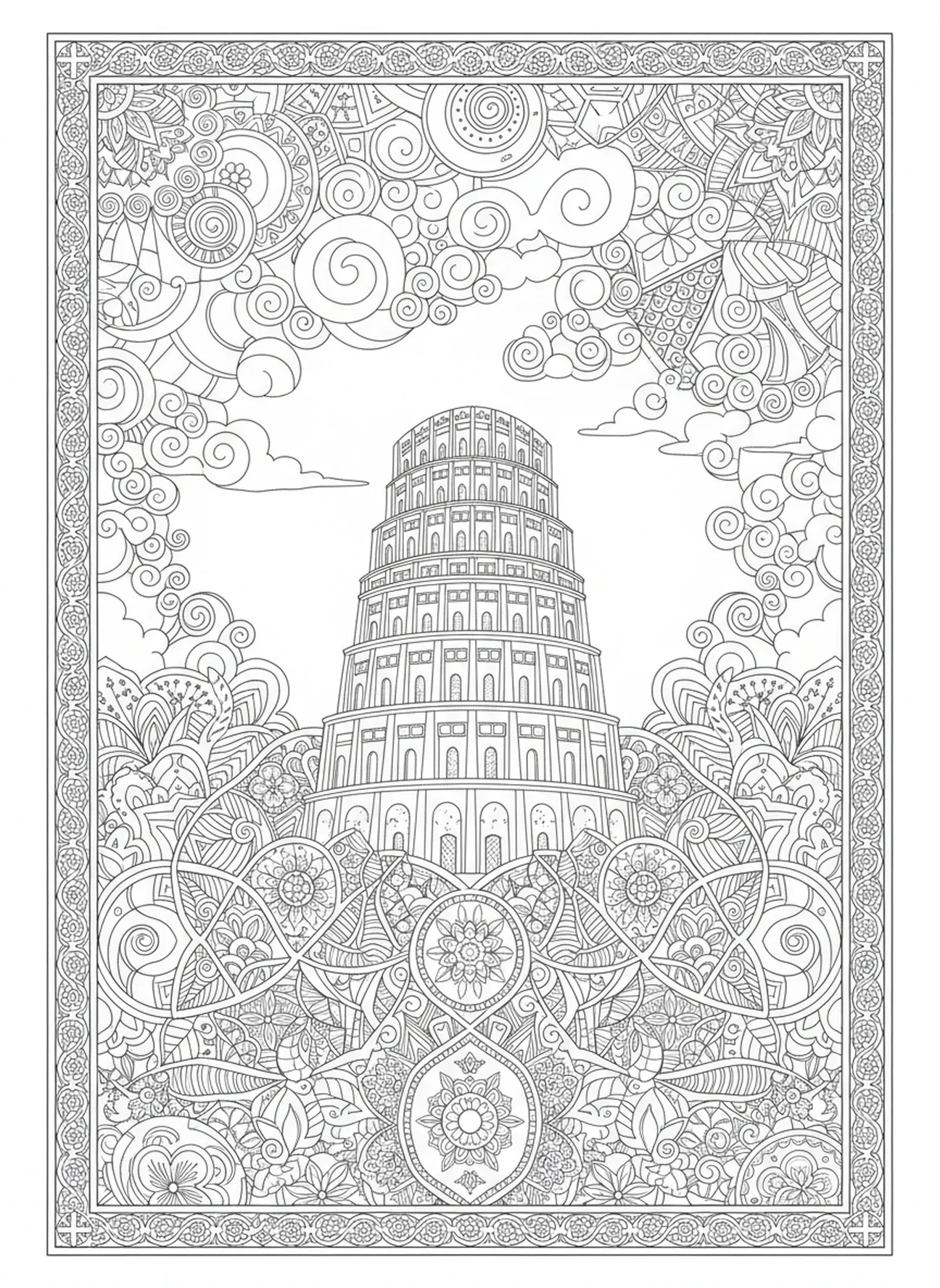 Turm zu Babel umgeben von Wolken, Ausmalbild für den Jessebaum im Stil des Bibeljournaling für Erwachsene.