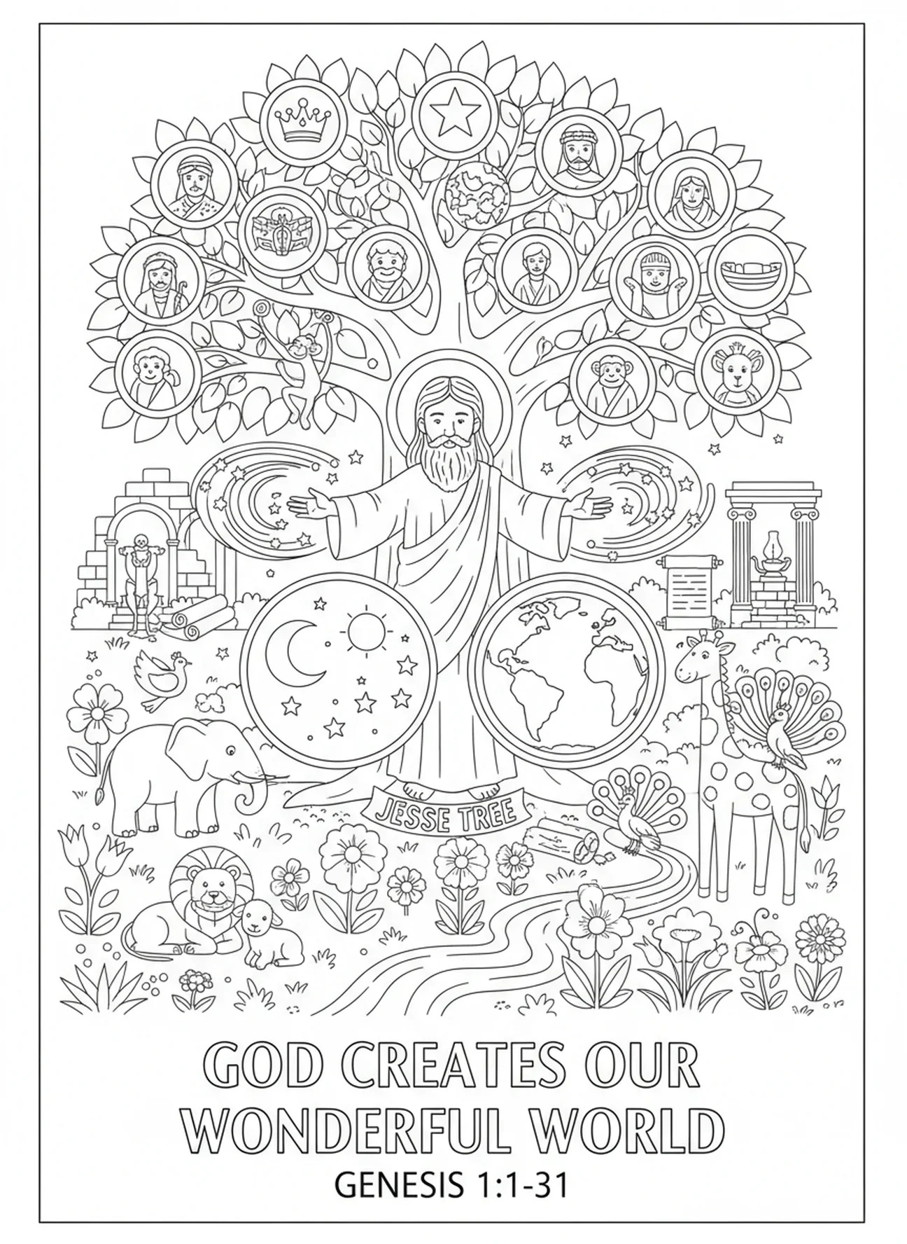 Dieu créant le monde, page à colorier de l'Arbre de Jessé pour les enfants de l'École du dimanche âgés de 5 à 12 ans.
