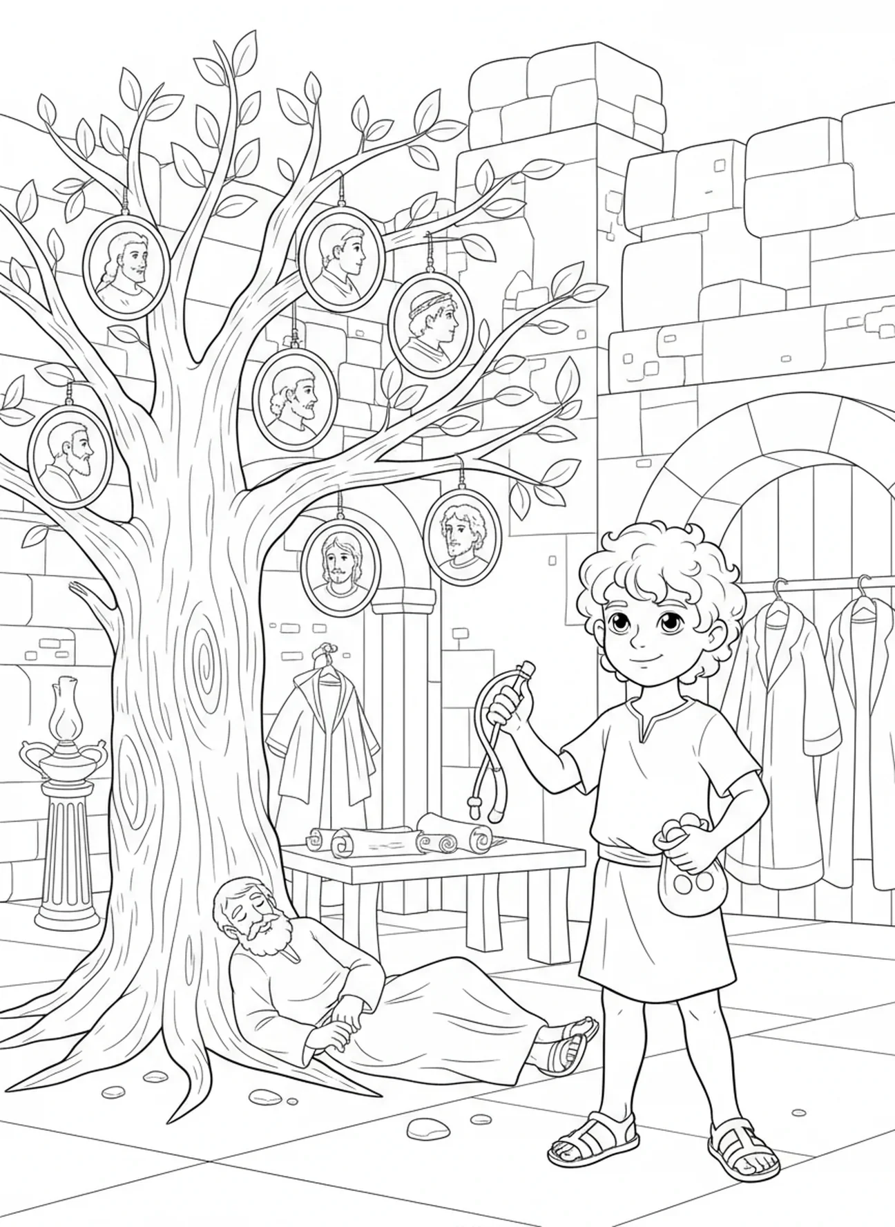 David tenant une fronde et des pierres, page à colorier de l'Arbre de Jessé pour les enfants de l'École du dimanche âgés de 5 à 12 ans.
