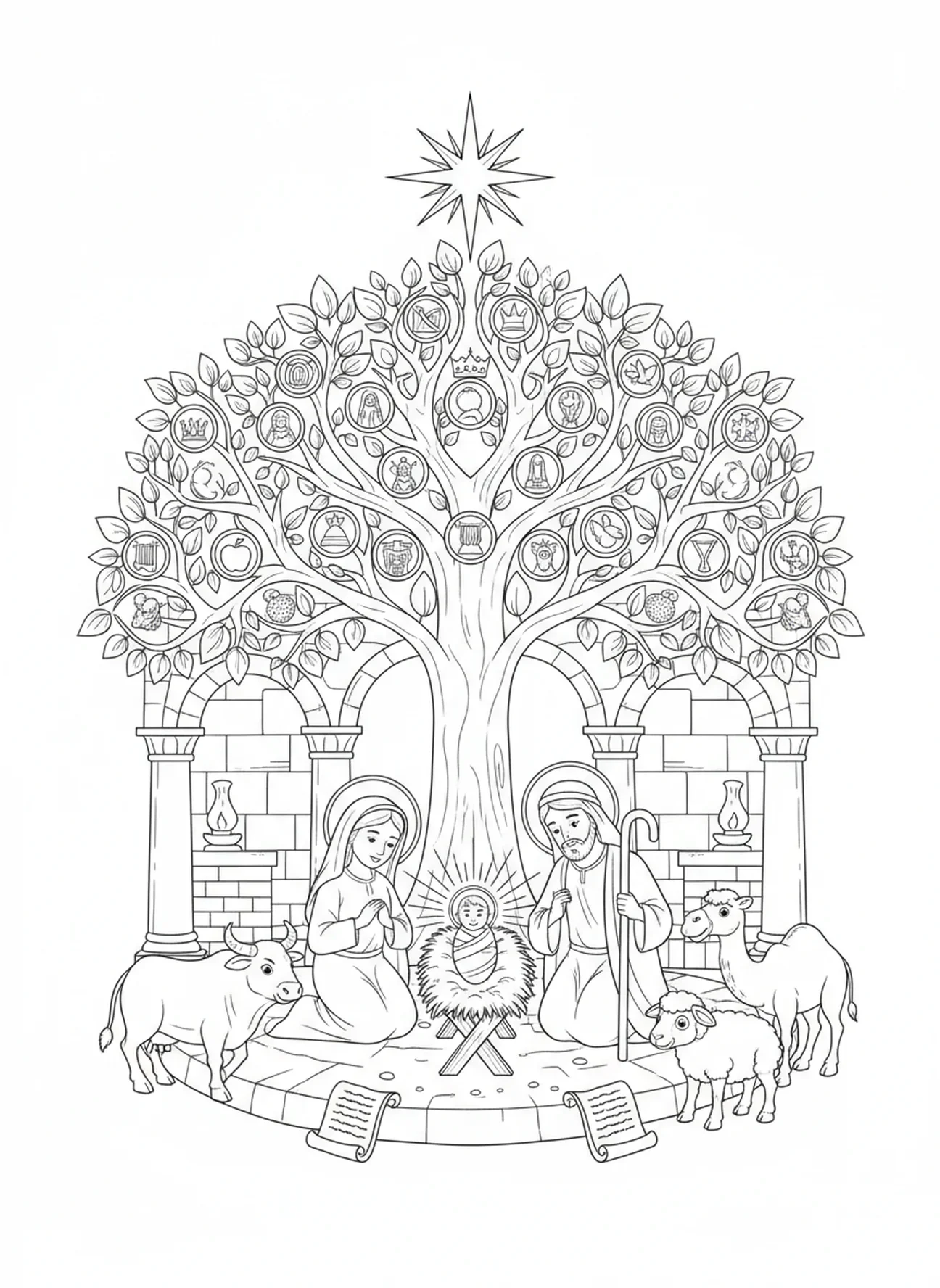 Marie et Joseph avec le bébé Jésus, page à colorier de l'Arbre de Jessé pour les enfants de l'École du dimanche âgés de 5 à 12 ans.