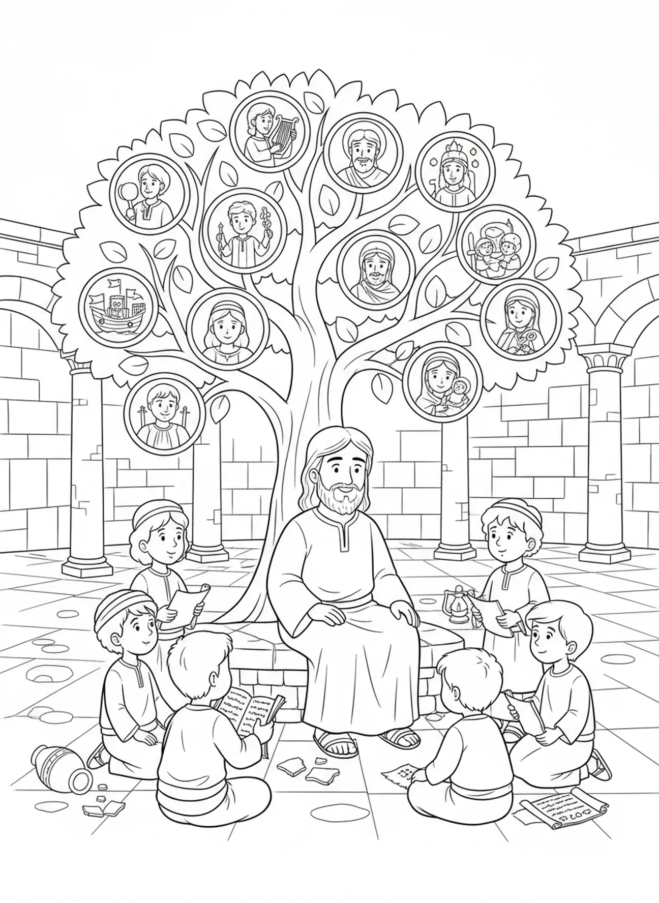 Jésus enseignant des enfants, page à colorier de l'Arbre de Jessé pour les enfants de l'École du dimanche âgés de 5 à 12 ans.