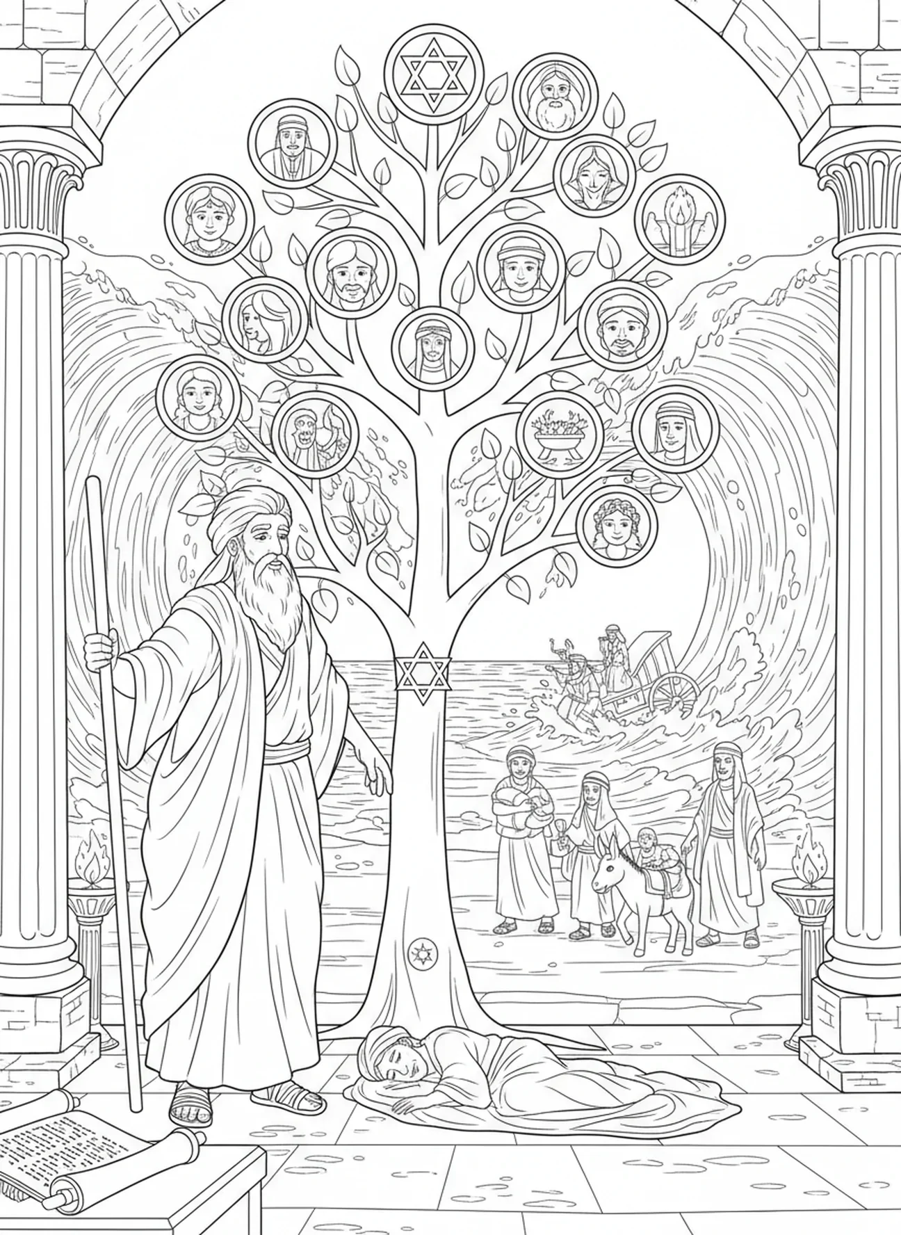 Moïse levant son bâton, page à colorier de l'Arbre de Jessé pour les enfants de l'École du dimanche âgés de 5 à 12 ans.