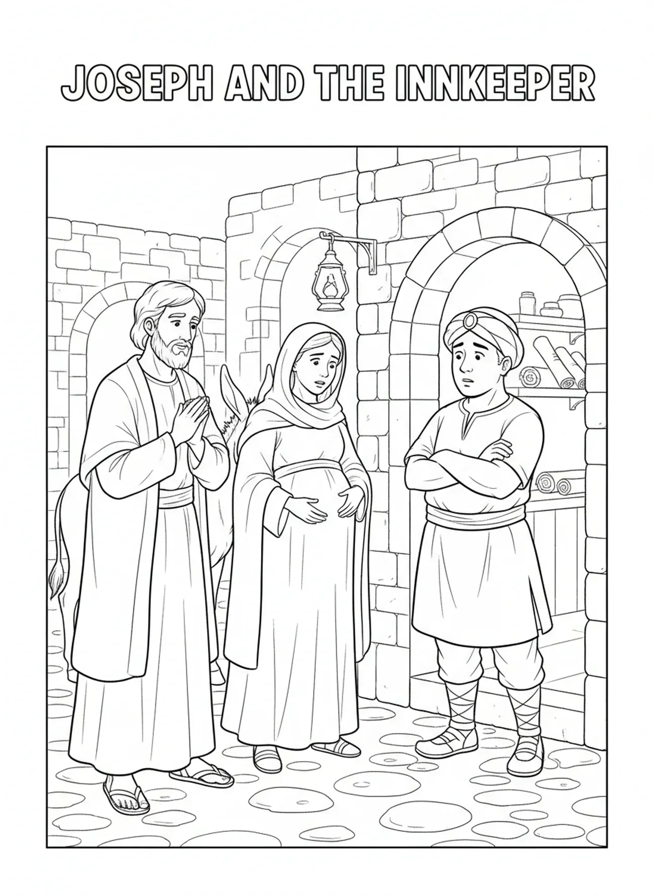 Posadero rechazando a José y María, página para colorear de José y María en Belén para niños de Escuela Dominical de 5 a 12 años.
