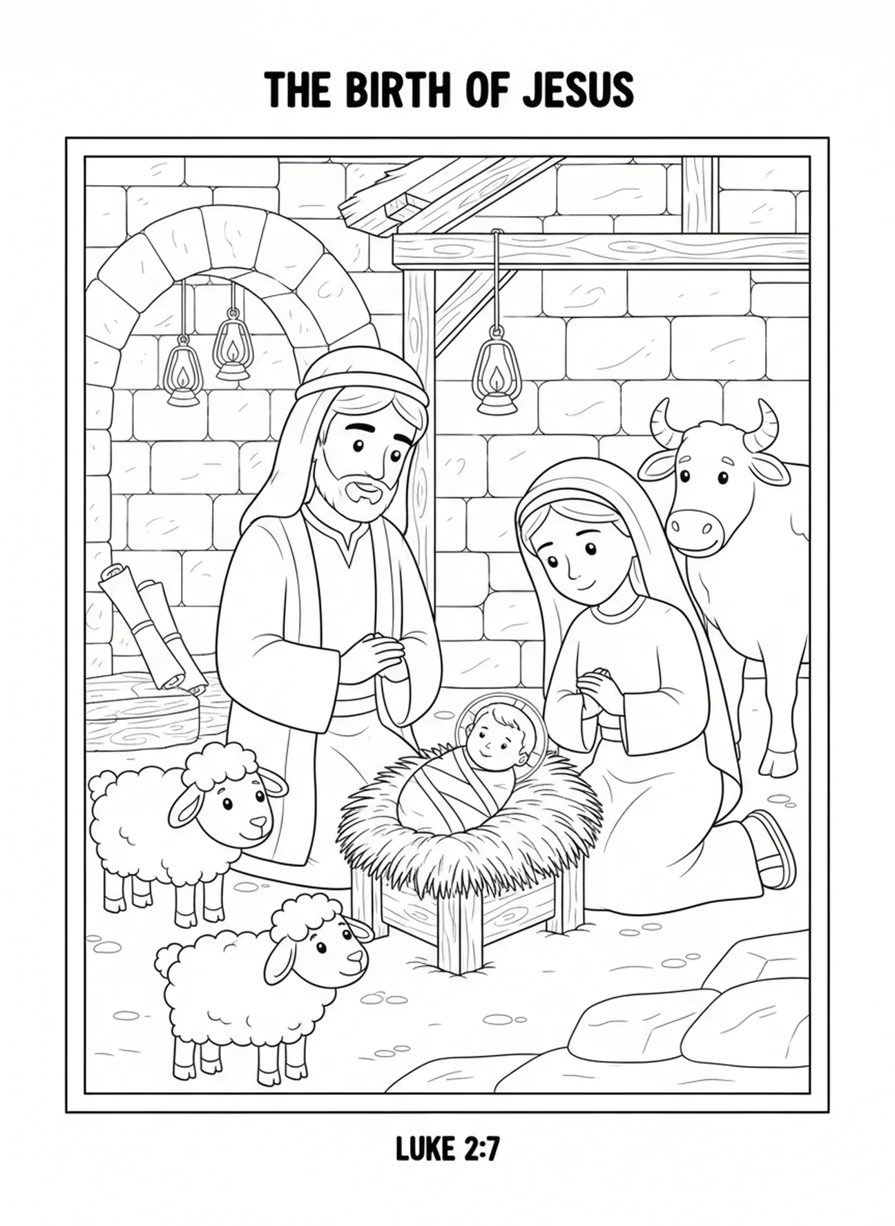 El niño Jesús en un pesebre, José y María en Belén, página para colorear para niños de la Escuela Dominical de 5 a 12 años.