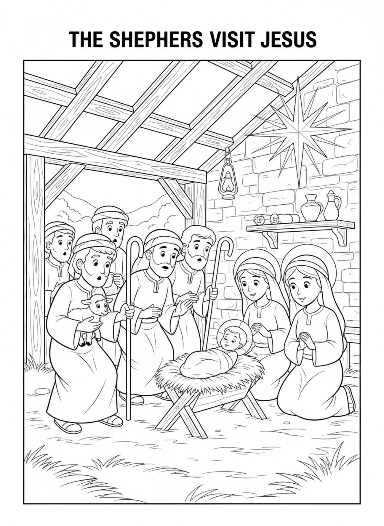 Pastores visitando el pesebre, página para colorear de José y María en Belén para niños de la Escuela Dominical de 5 a 12 años.