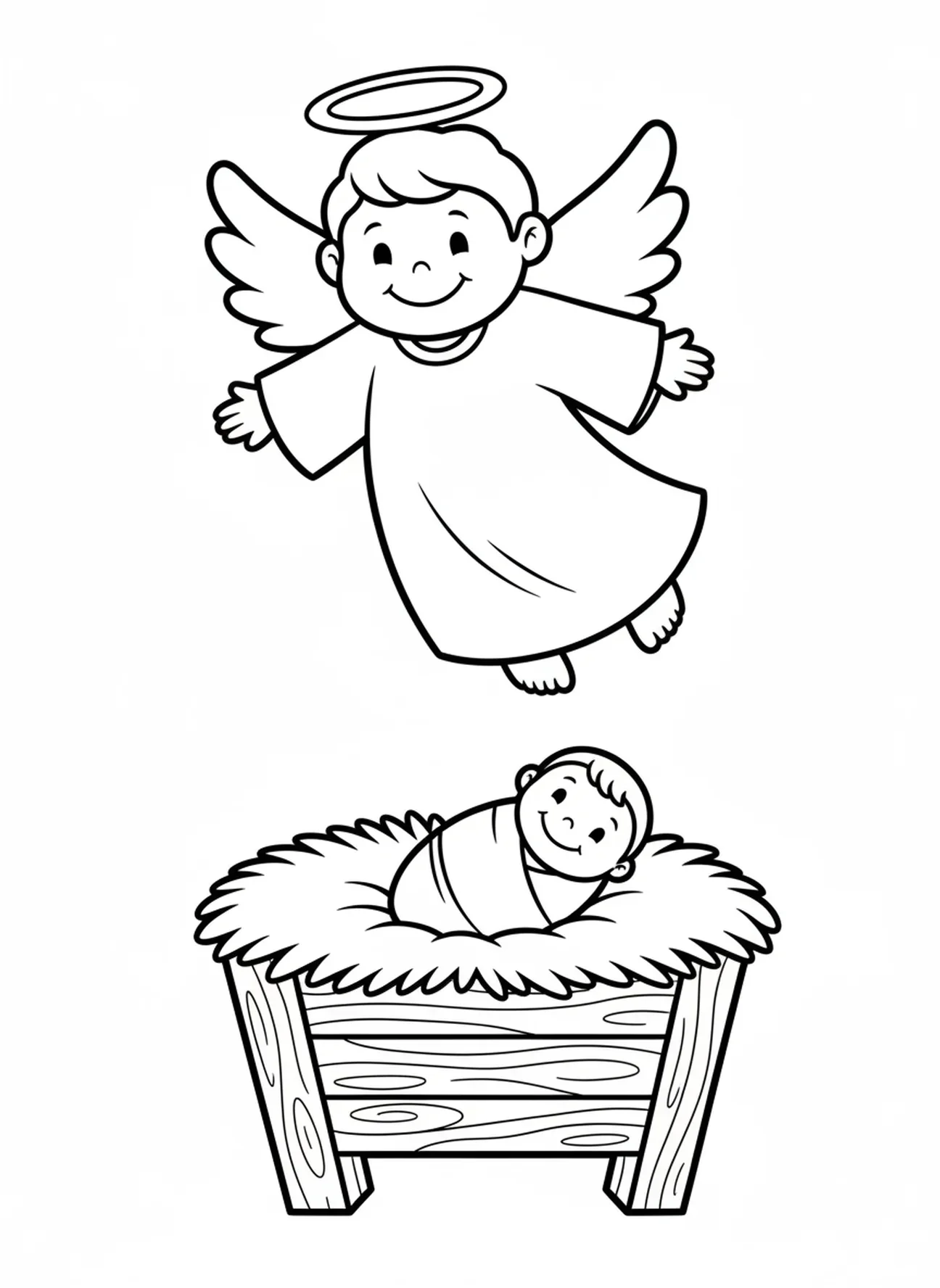Un ange joyeux au-dessus, page à colorier de la crèche avec le bébé Jésus pour les enfants d'âge préscolaire de 3 à 5 ans