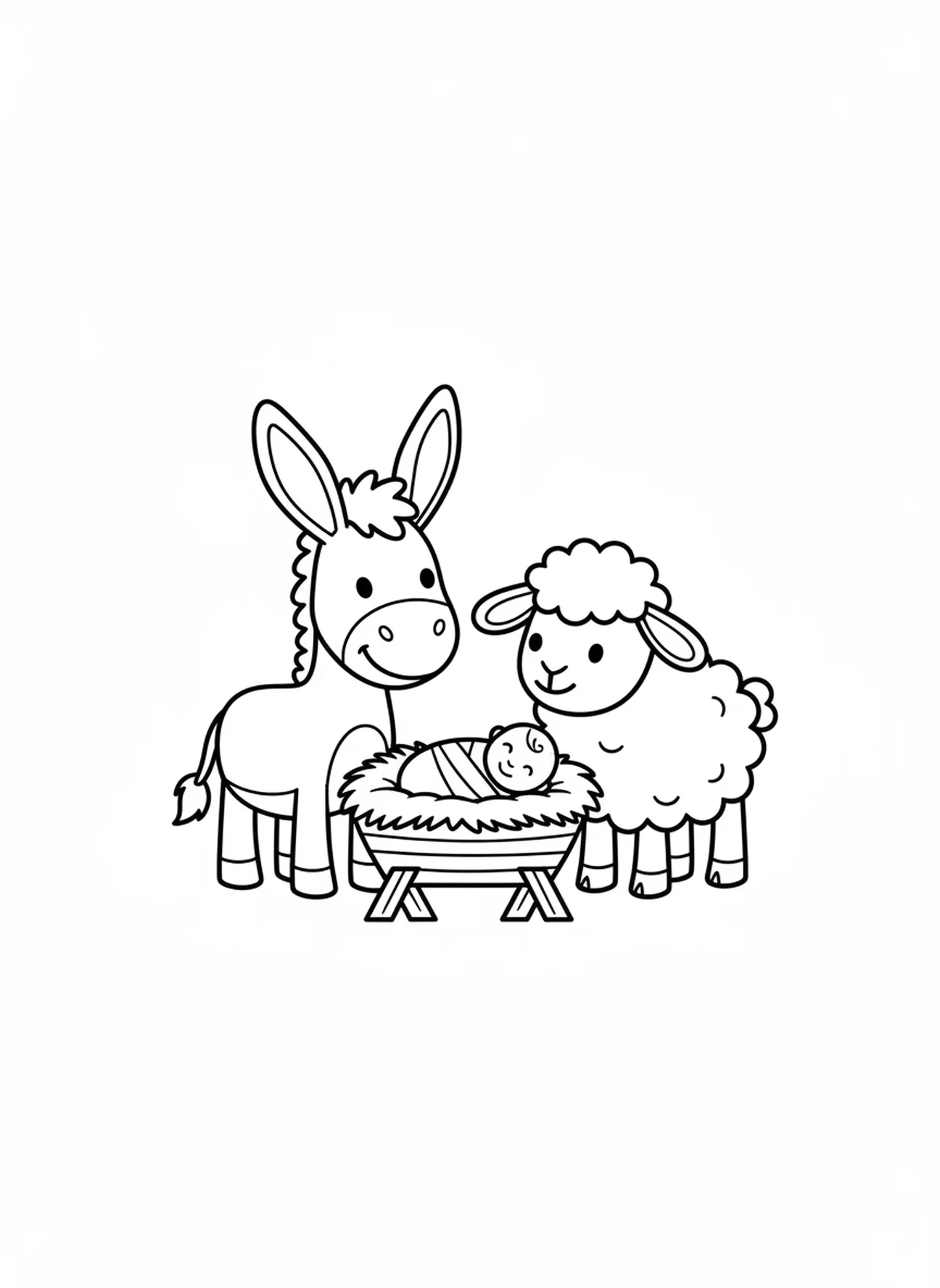 Âne et mouton souriants, page à colorier de la crèche avec le bébé Jésus pour les enfants d'âge préscolaire de 3 à 5 ans
