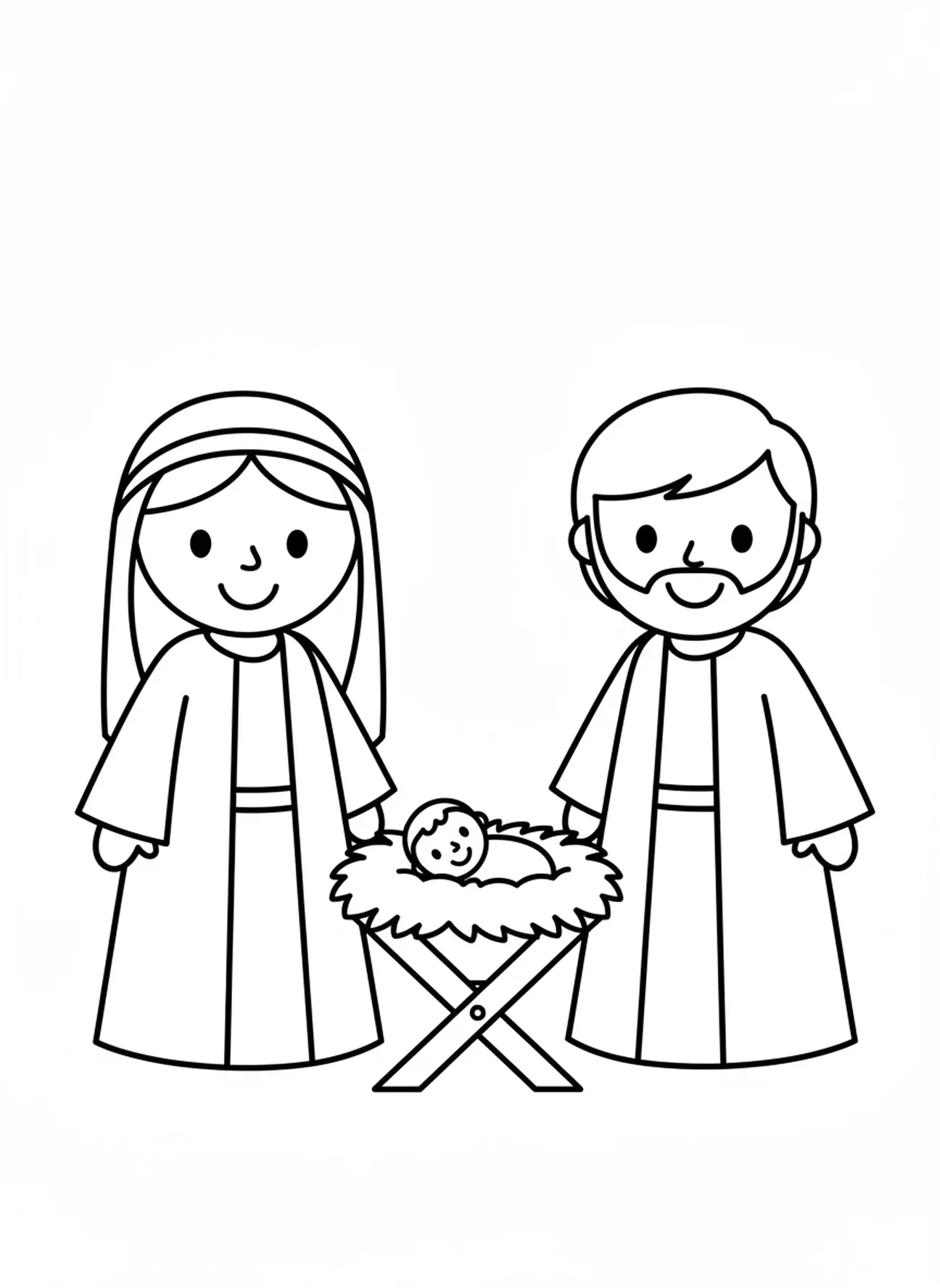 Marie et Joseph souriants, page à colorier de la crèche avec le bébé Jésus pour les enfants d'âge préscolaire de 3 à 5 ans