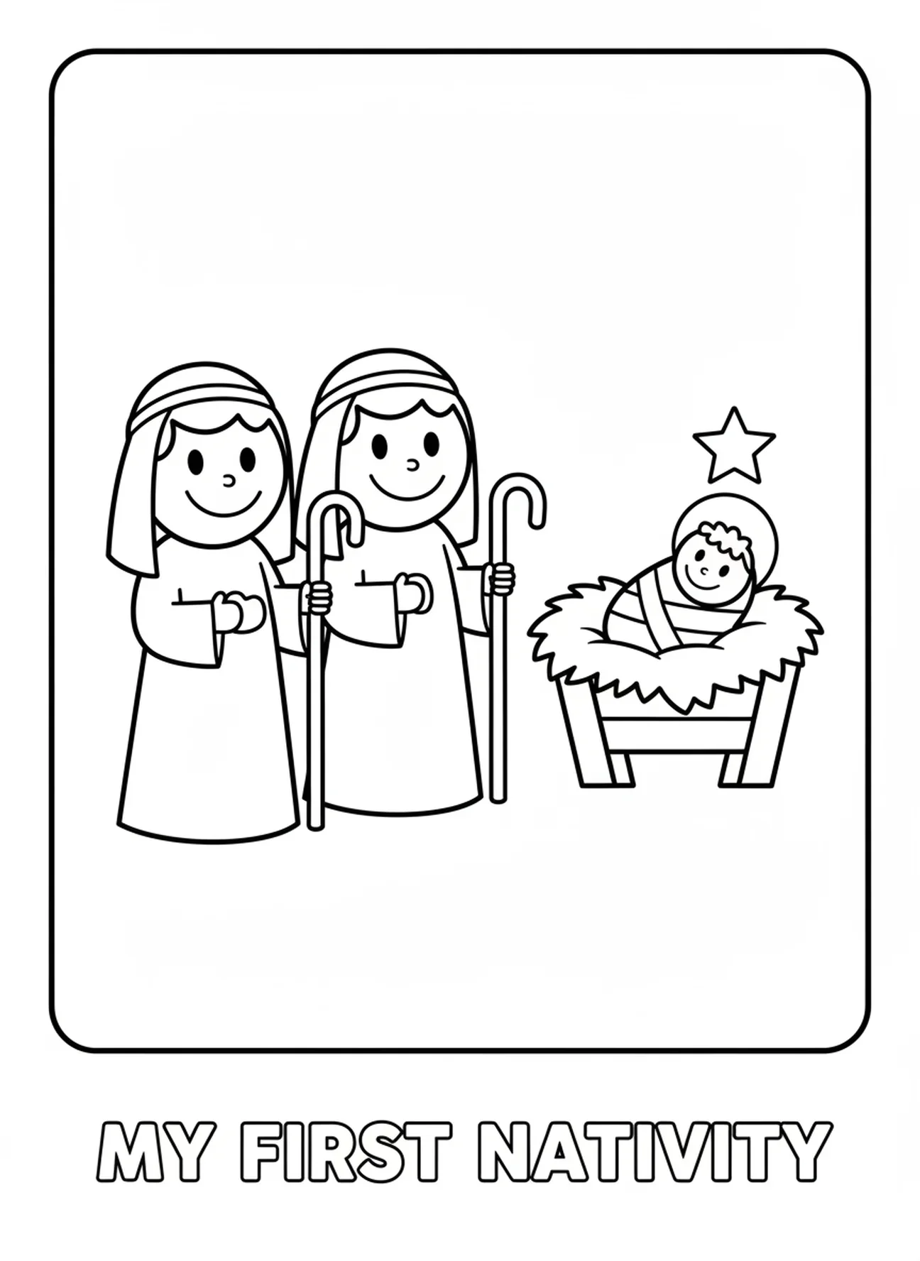 Deux bergers joyeux, page à colorier de la crèche avec le bébé Jésus pour les enfants d'âge préscolaire de 3 à 5 ans
