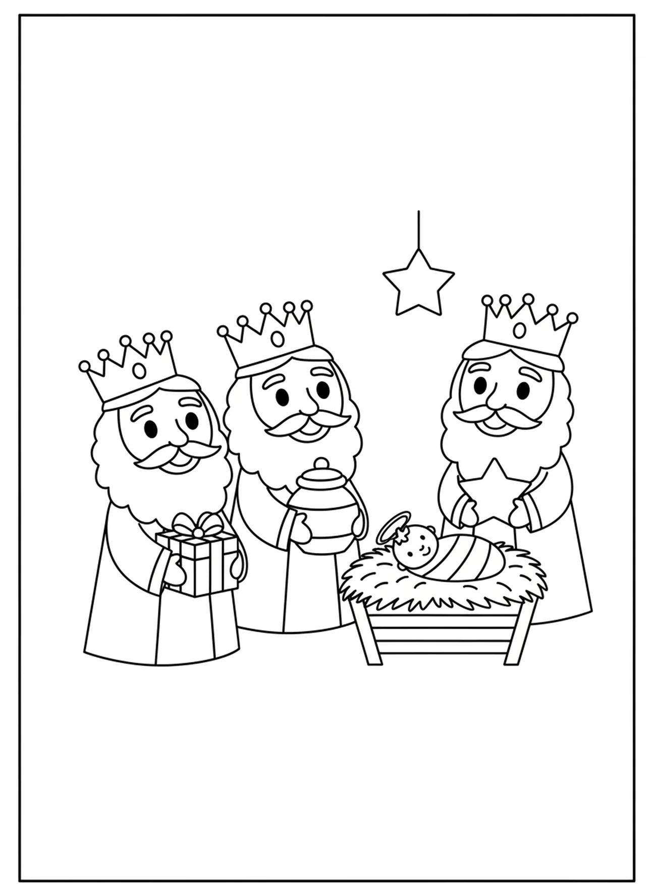 Trois rois mages souriants, page à colorier de la crèche avec le bébé Jésus pour les enfants d'âge préscolaire de 3 à 5 ans