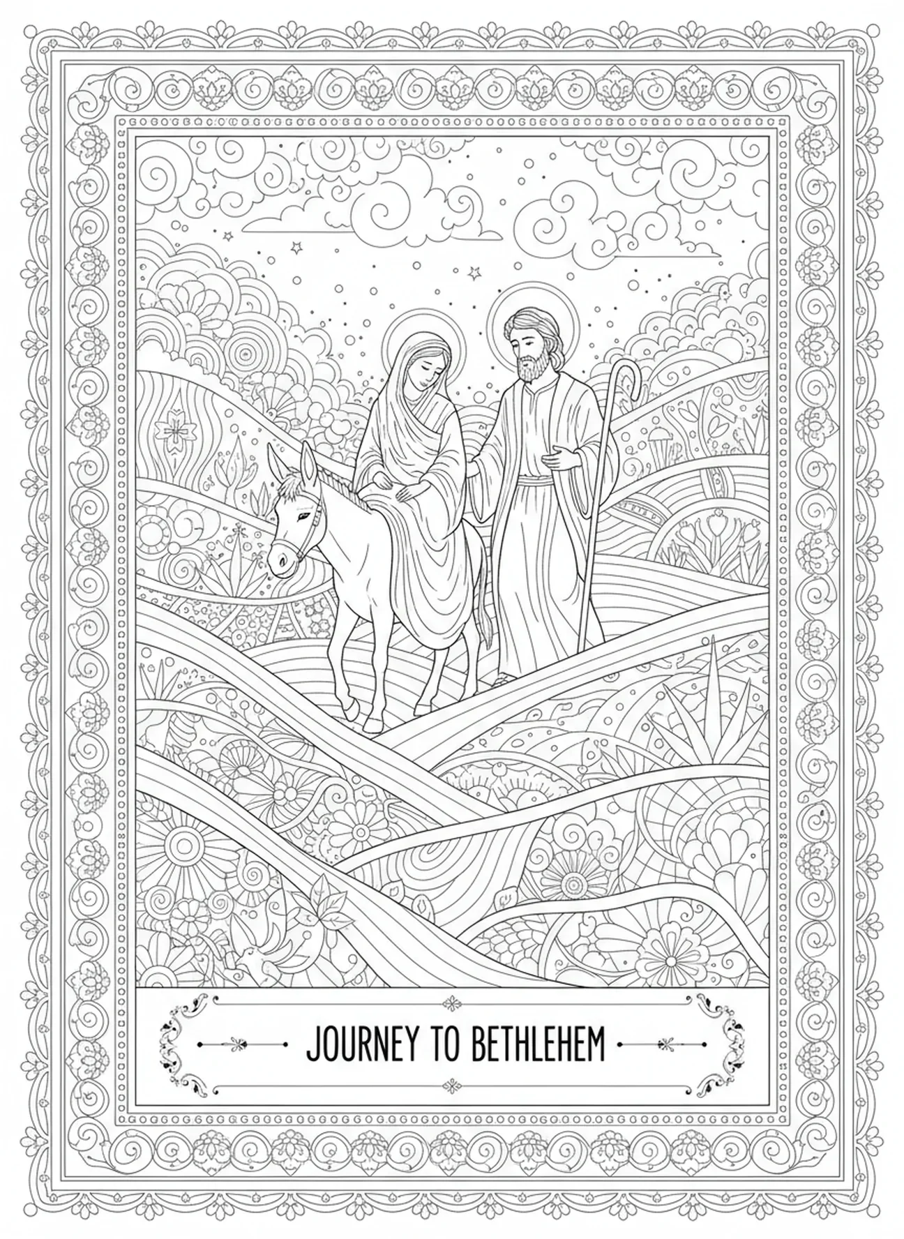 Maria und Josef auf Reisen, Ausmalbild für Erwachsene im Bibel-Journaling-Stil