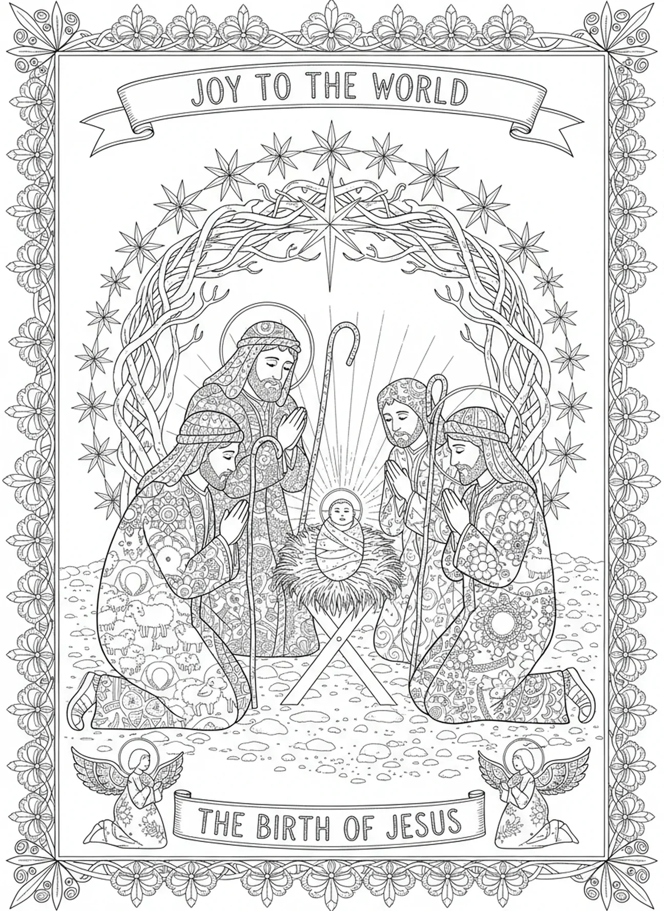 Hirten knien vor der Krippe, Maria und Josef Ausmalbild für Erwachsene im Stil des Bibeljournaling