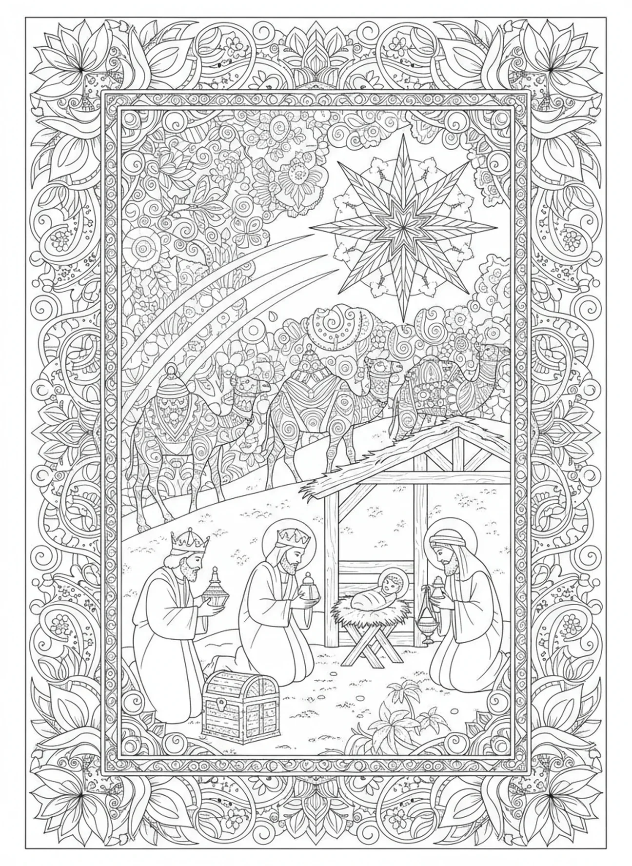 Drei weise Männer mit Geschenken, Maria und Josef Ausmalbild für Erwachsene im Bibel-Journaling-Stil