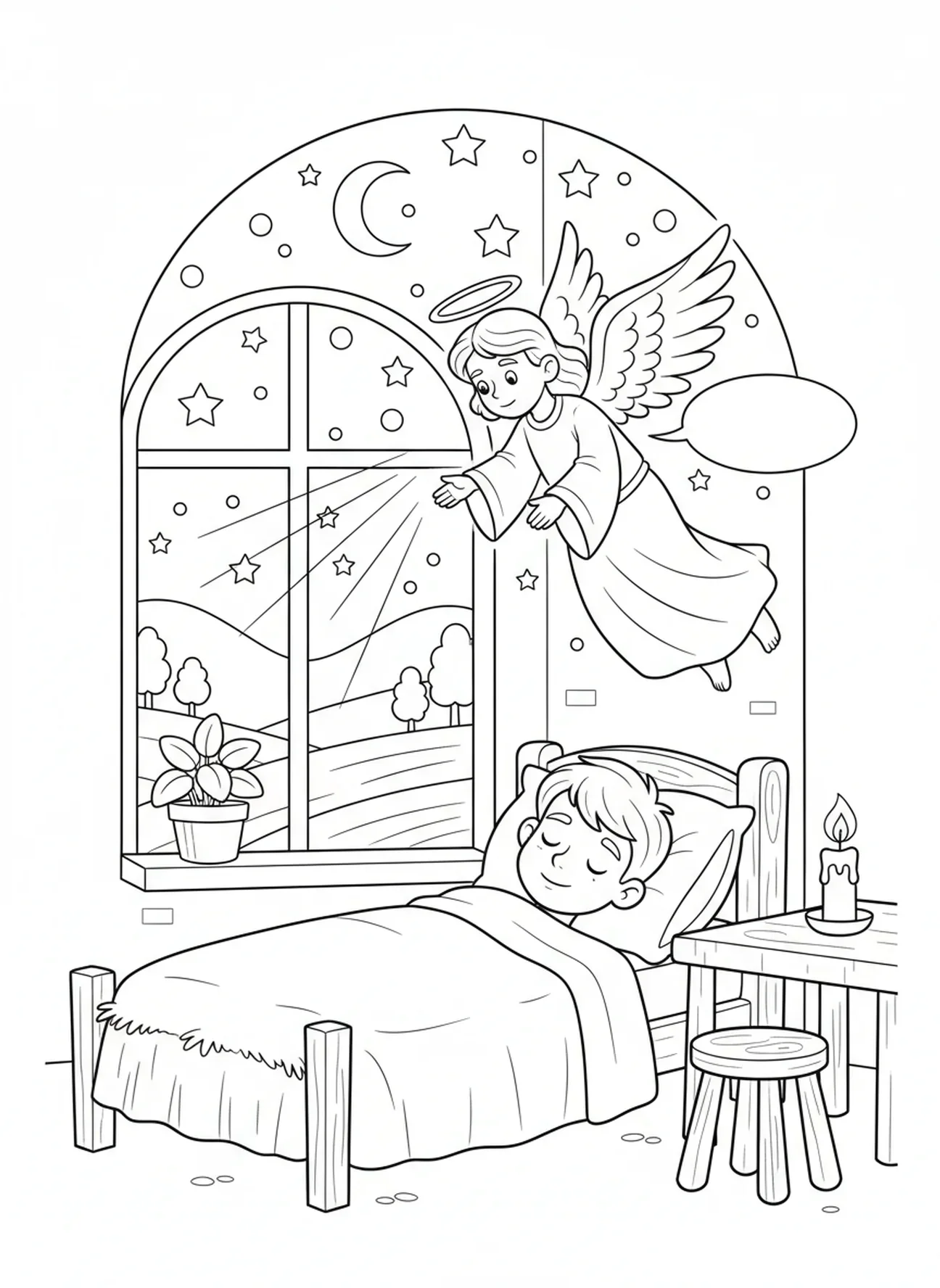 José sonhando com um anjo, página de colorir de Maria e José para crianças de 5 a 10 anos