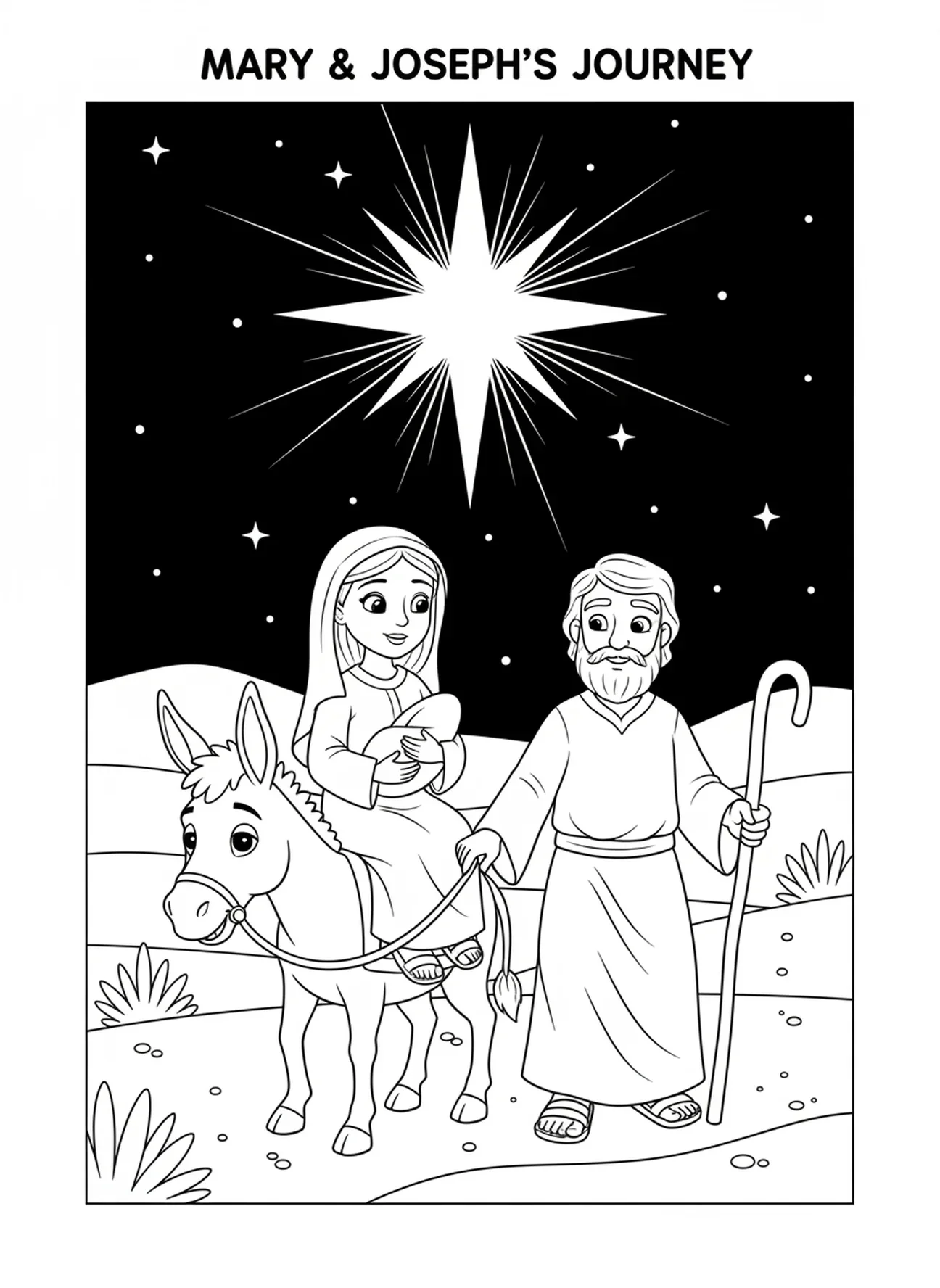 Maria e José em um burro, página de colorir de Maria e José para crianças de 5 a 10 anos