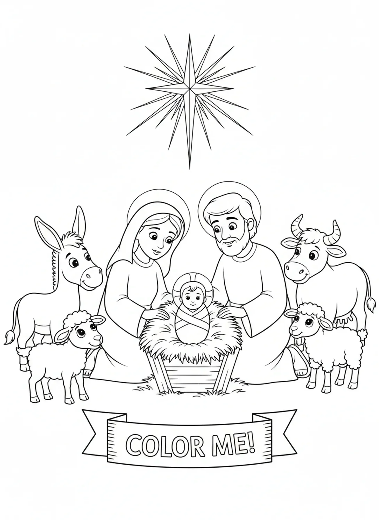 Maria e José com o bebê Jesus, página para colorir de Maria e José para crianças de 5 a 10 anos