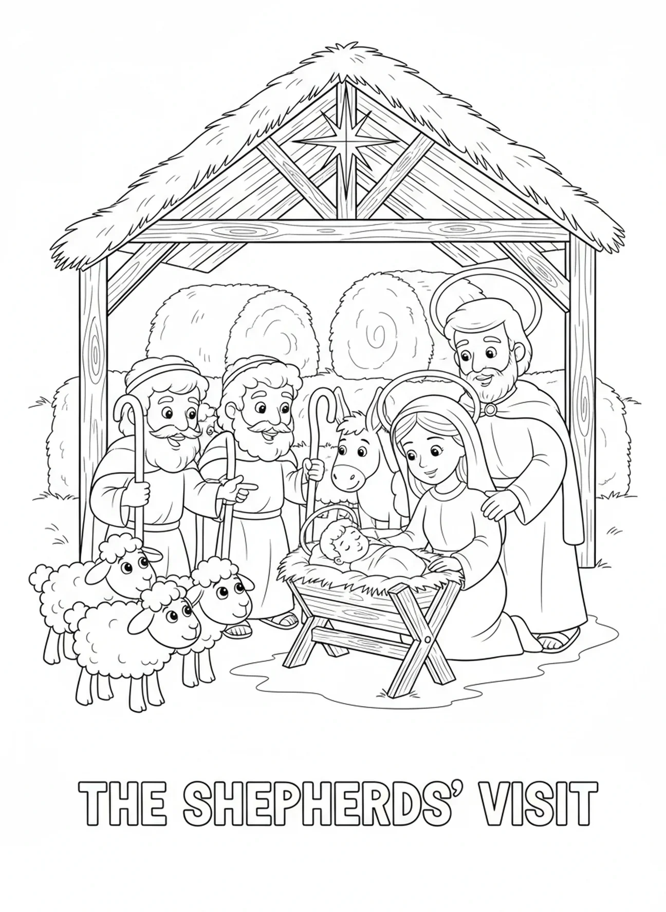 Pastores visitando o estábulo, página para colorir de Maria e José para crianças de 5 a 10 anos