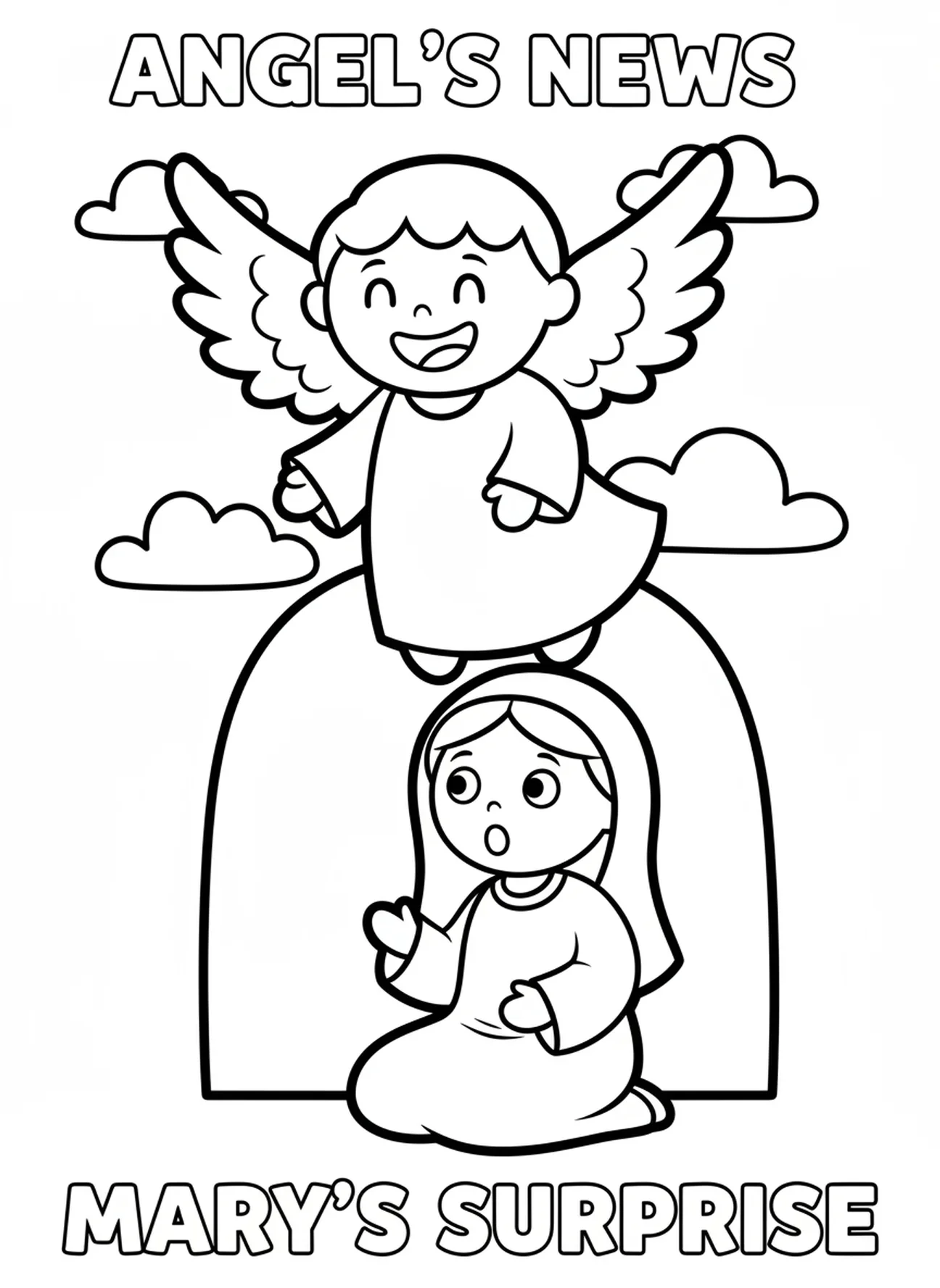 Fröhlicher Engel mit Flügeln, Ausmalbild von Maria und Josef für Vorschulkinder im Alter von 3-5 Jahren