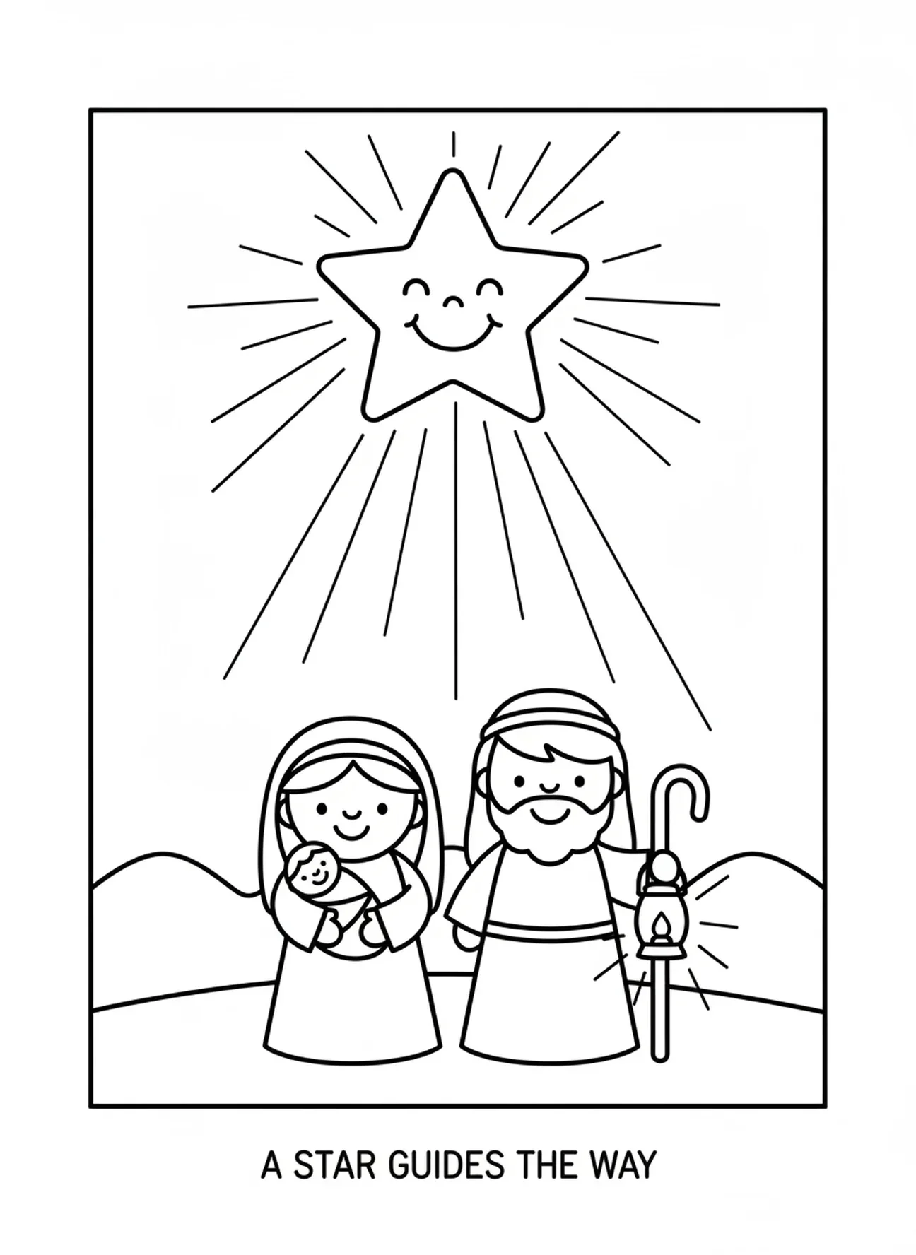 Großer lächelnder Stern, Malvorlage von Maria und Josef für Vorschulkinder im Alter von 3-5 Jahren