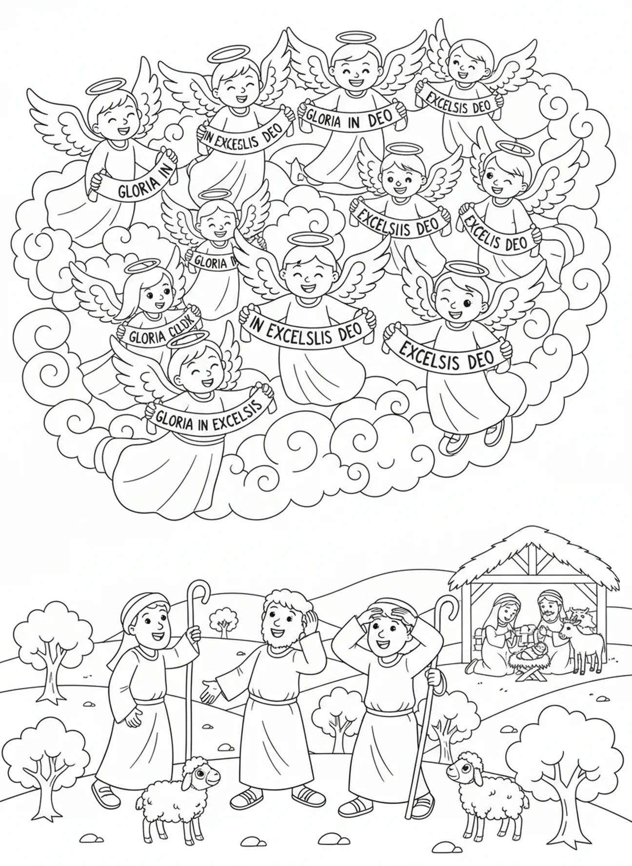 Anges apparaissant aux bergers, coloriage de Marie, âne et Bethléem pour les enfants de 5 à 10 ans