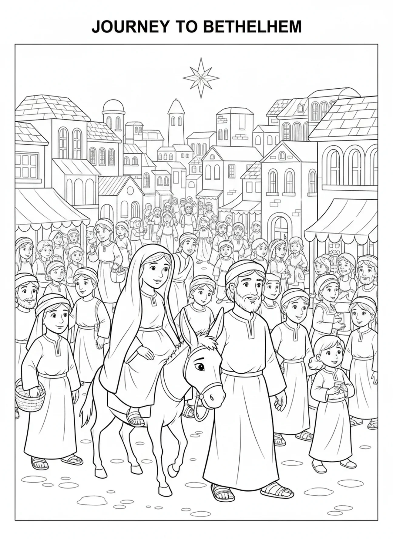 Marie sur un âne s'approchant de Bethléem, page à colorier Marie Âne Bethléem pour enfants de 5 à 10 ans