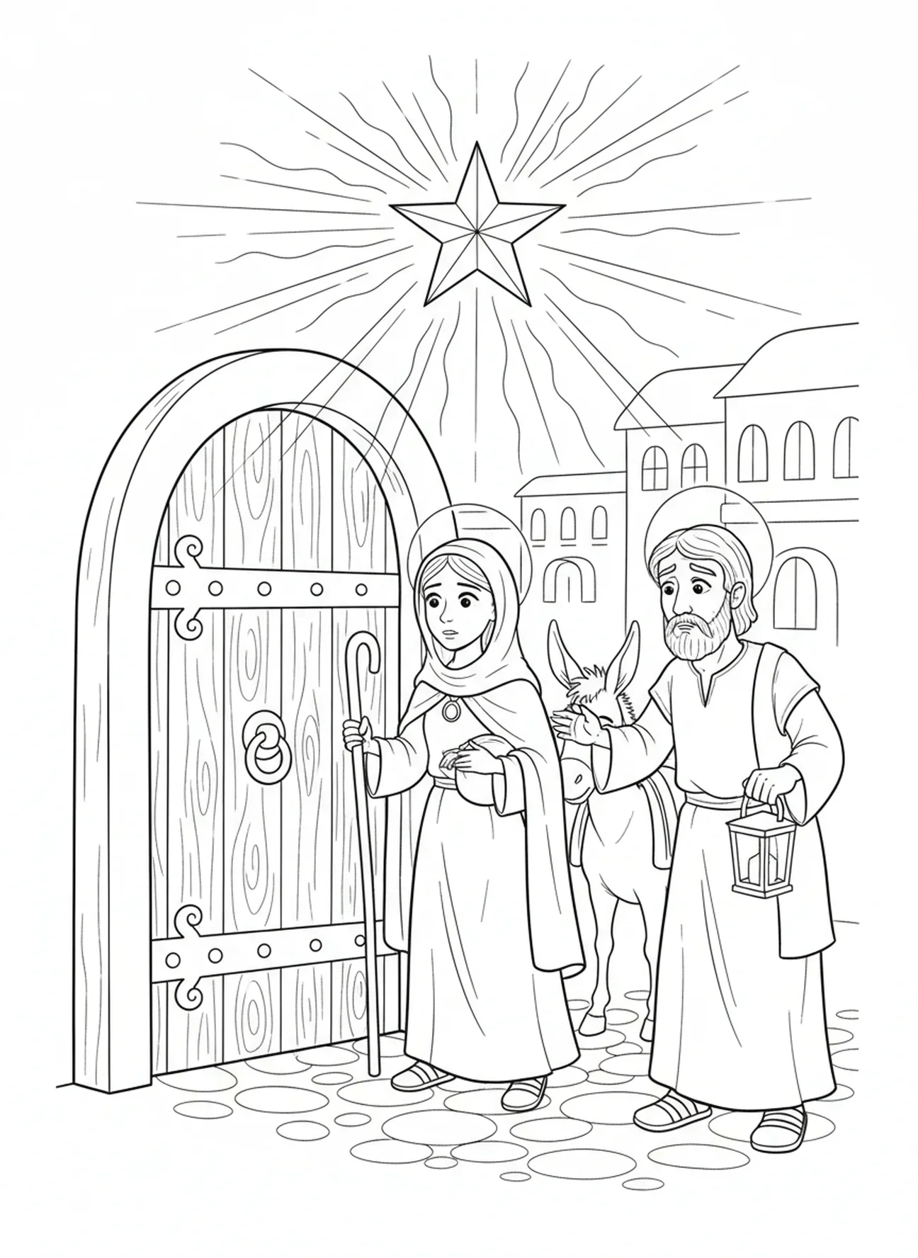 Marie et Joseph à la recherche d'une auberge, Marie sur un âne à Bethléem, page à colorier pour enfants de 5 à 10 ans
